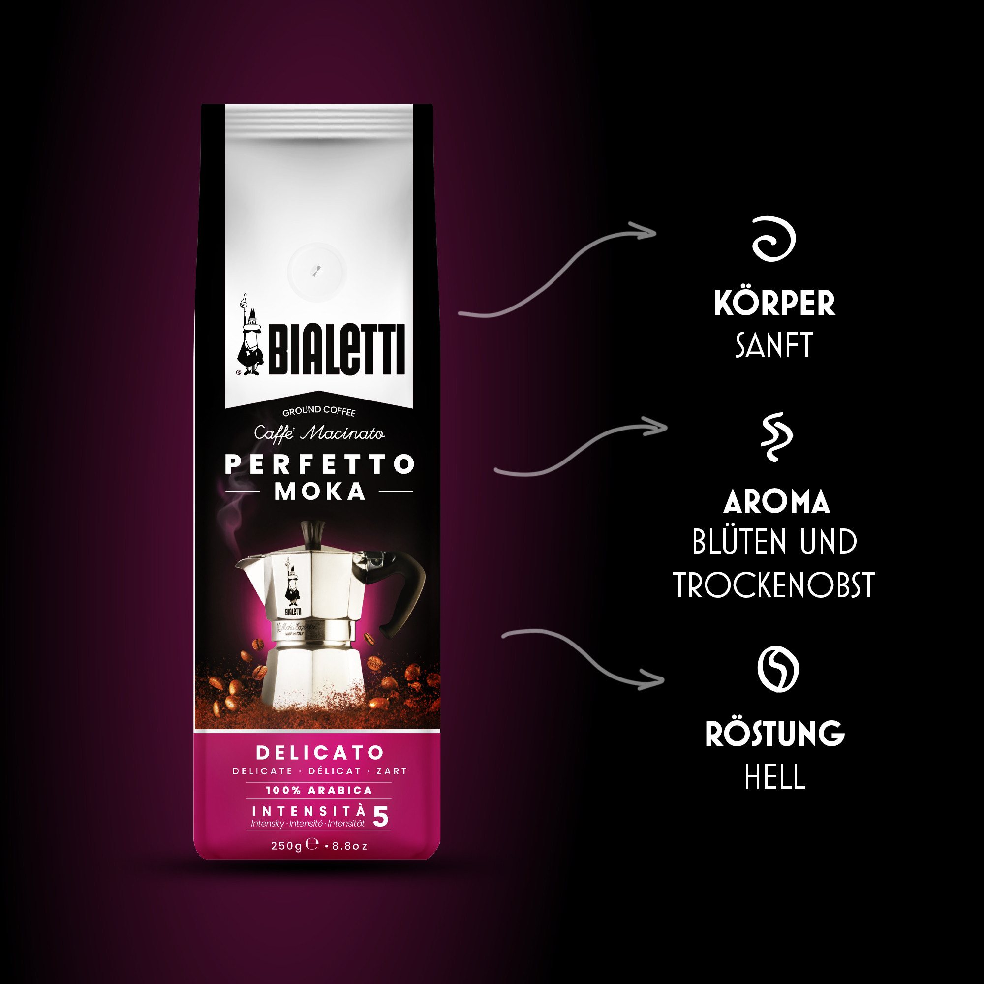 Sacchetto di caffè Bialetti Perfetto Moka con moka, chicchi e descrizione.