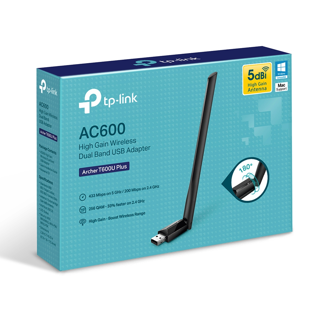 Pudełko adaptera USB TP-Link AC600 z anteną, widok pod kątem.