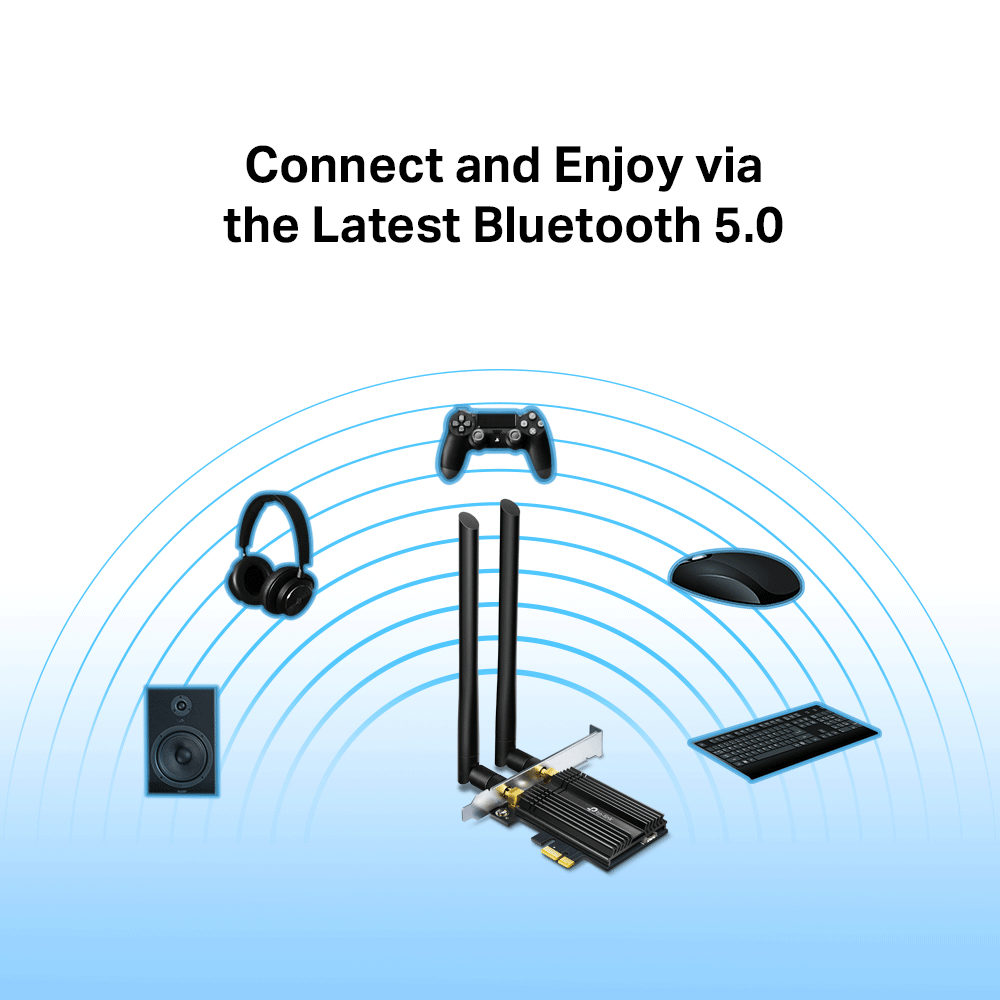 Obraz akcesoriów technologicznych połączonych przez Bluetooth 5.0, w tym kontroler, słuchawki i klawiatura.