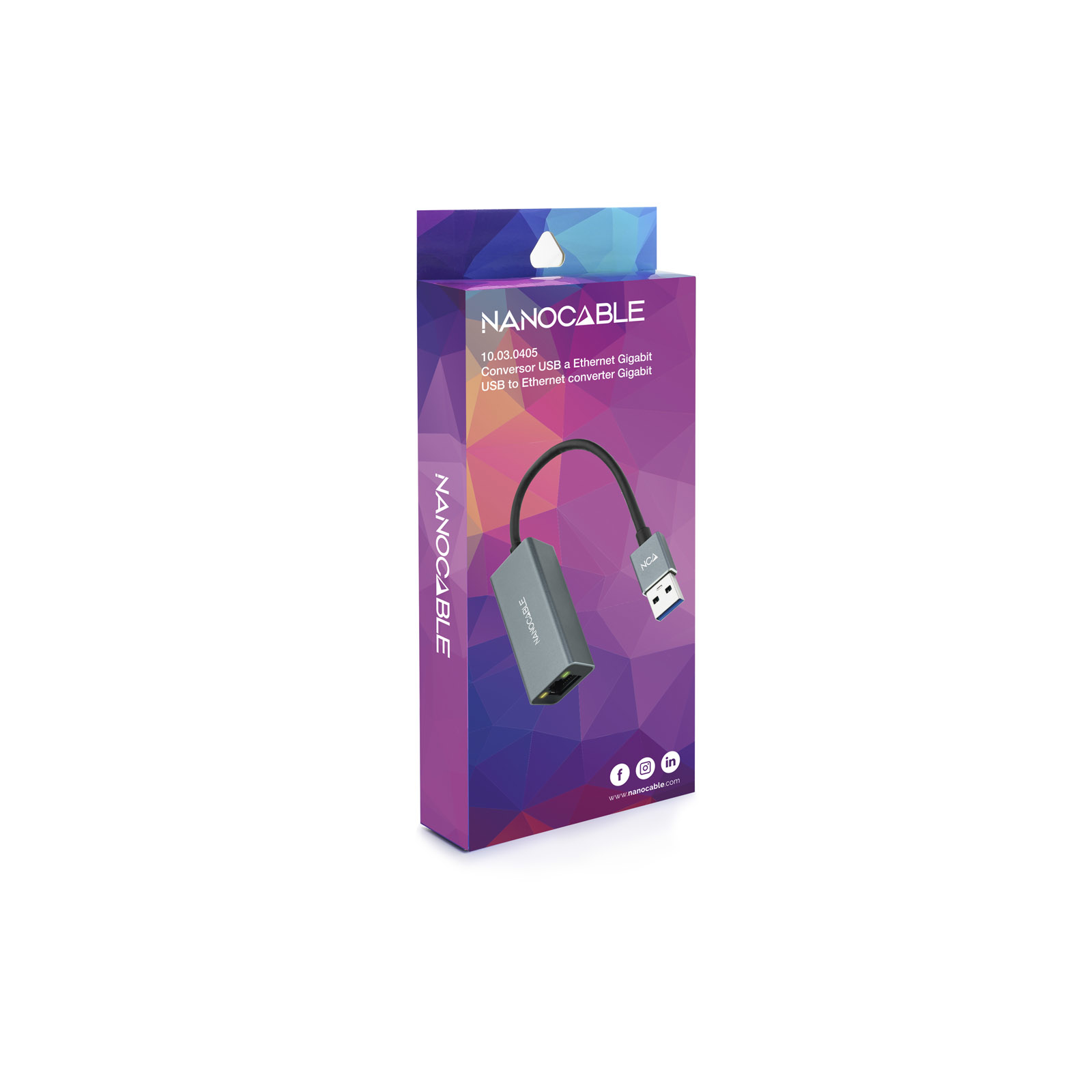 Una caja que muestra un convertidor de USB a Ethernet, con la marca Nanocable visible.