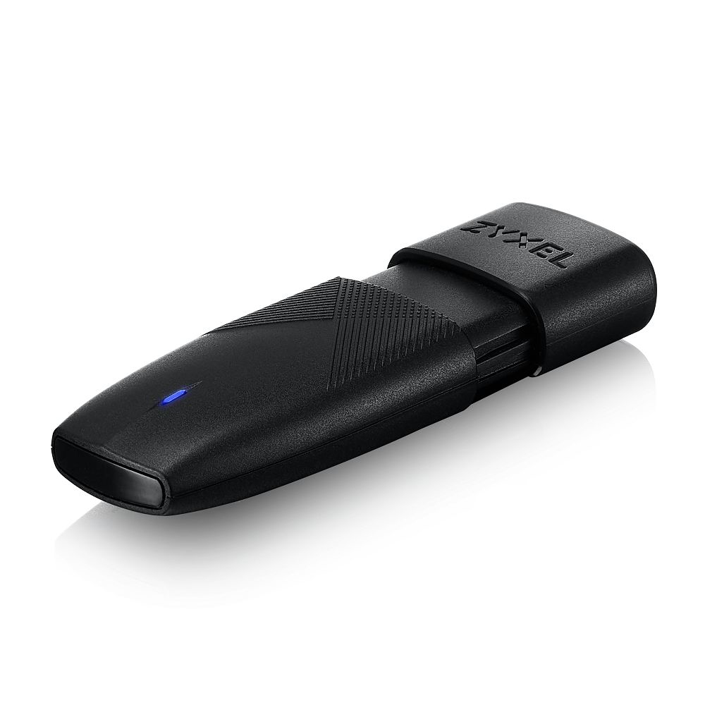 Dispositivo USB Zyxel nero con luce blu e copertura nera.