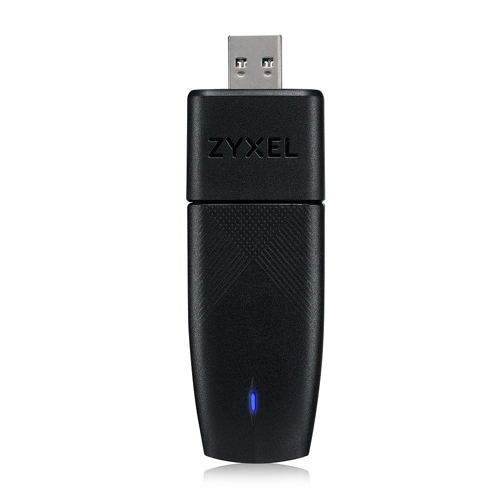 Un dongle USB nero con il logo Zyxel, un connettore USB e una spia blu.