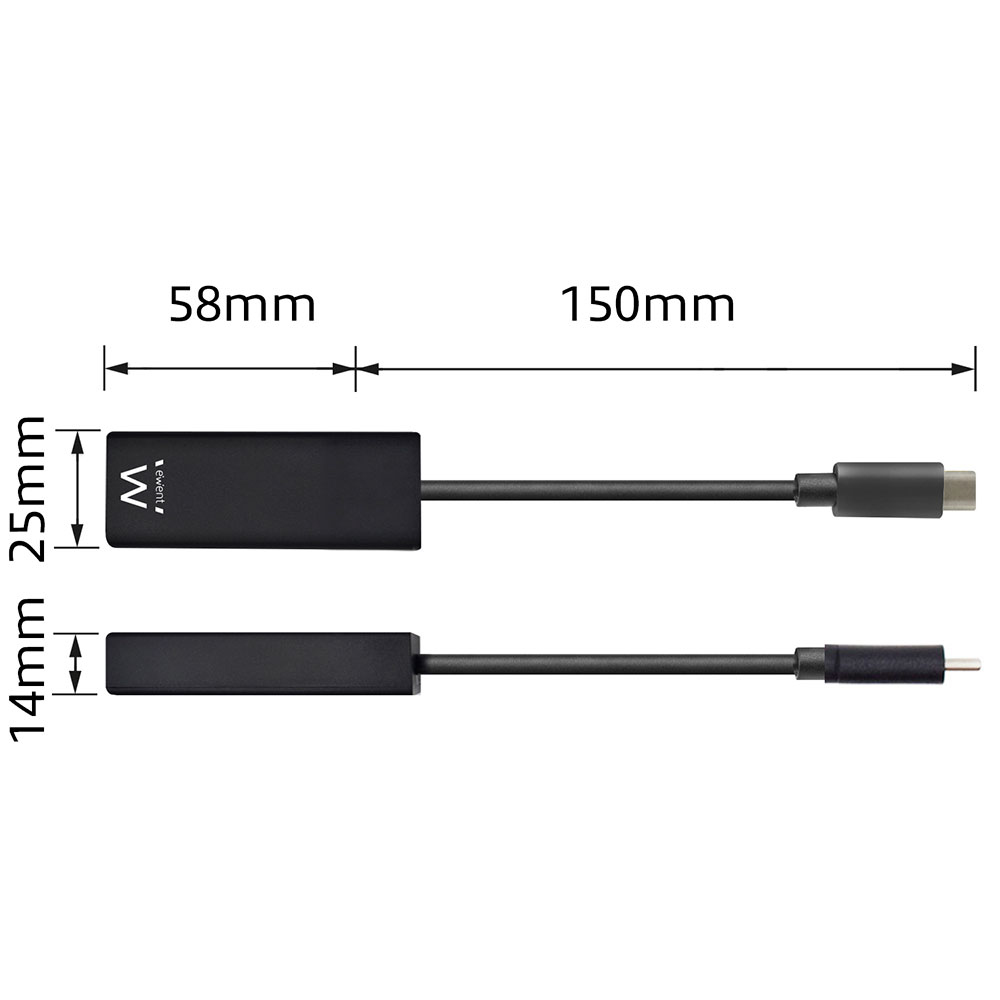 Black USB-C adapter with a 58mm body and 150mm cable, with measurements. The adapter has a brand logo.