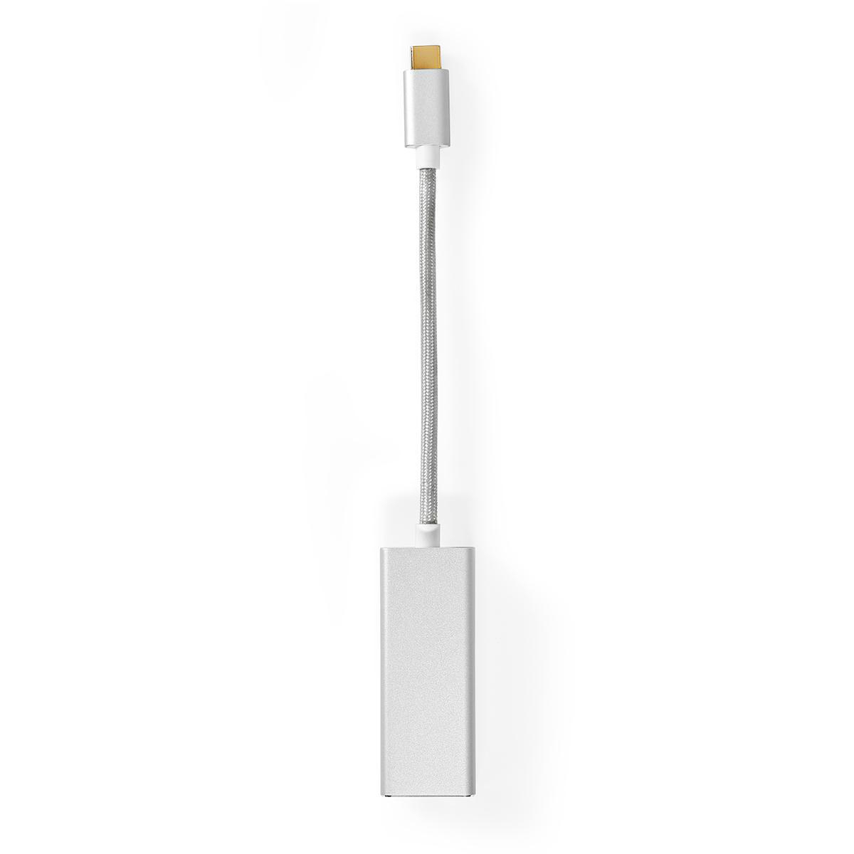 Silver adapter cable with a USB-C connector and a silver housing on white background.