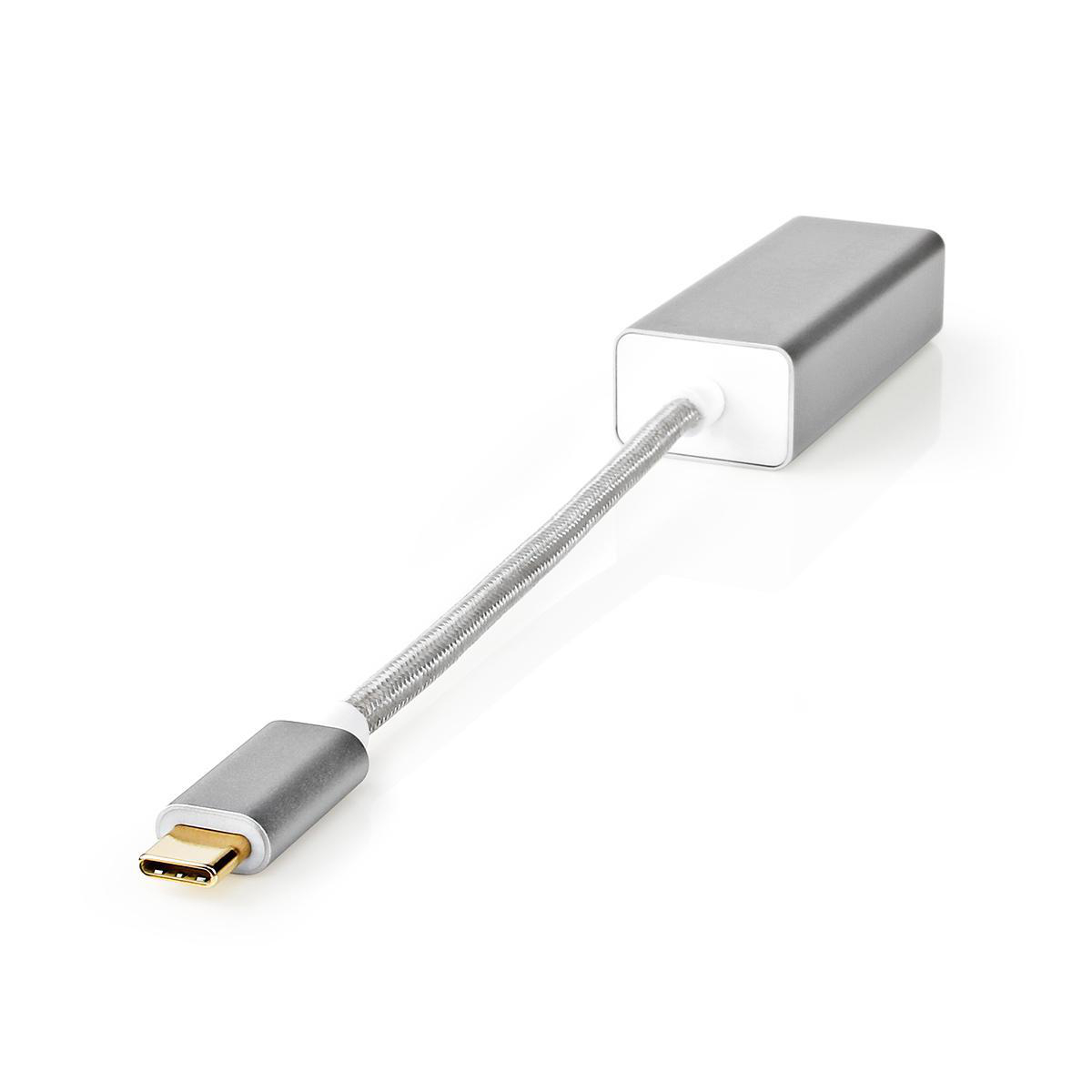 A silver USB-C to USB-C cable. It has a flexible braided section.