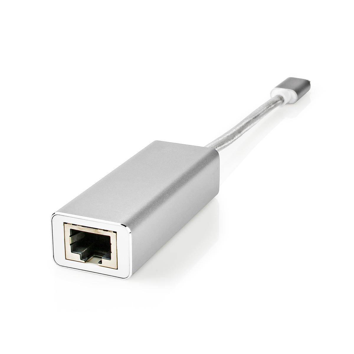 A silver ethernet adapter with a cable, isolated on a white background.