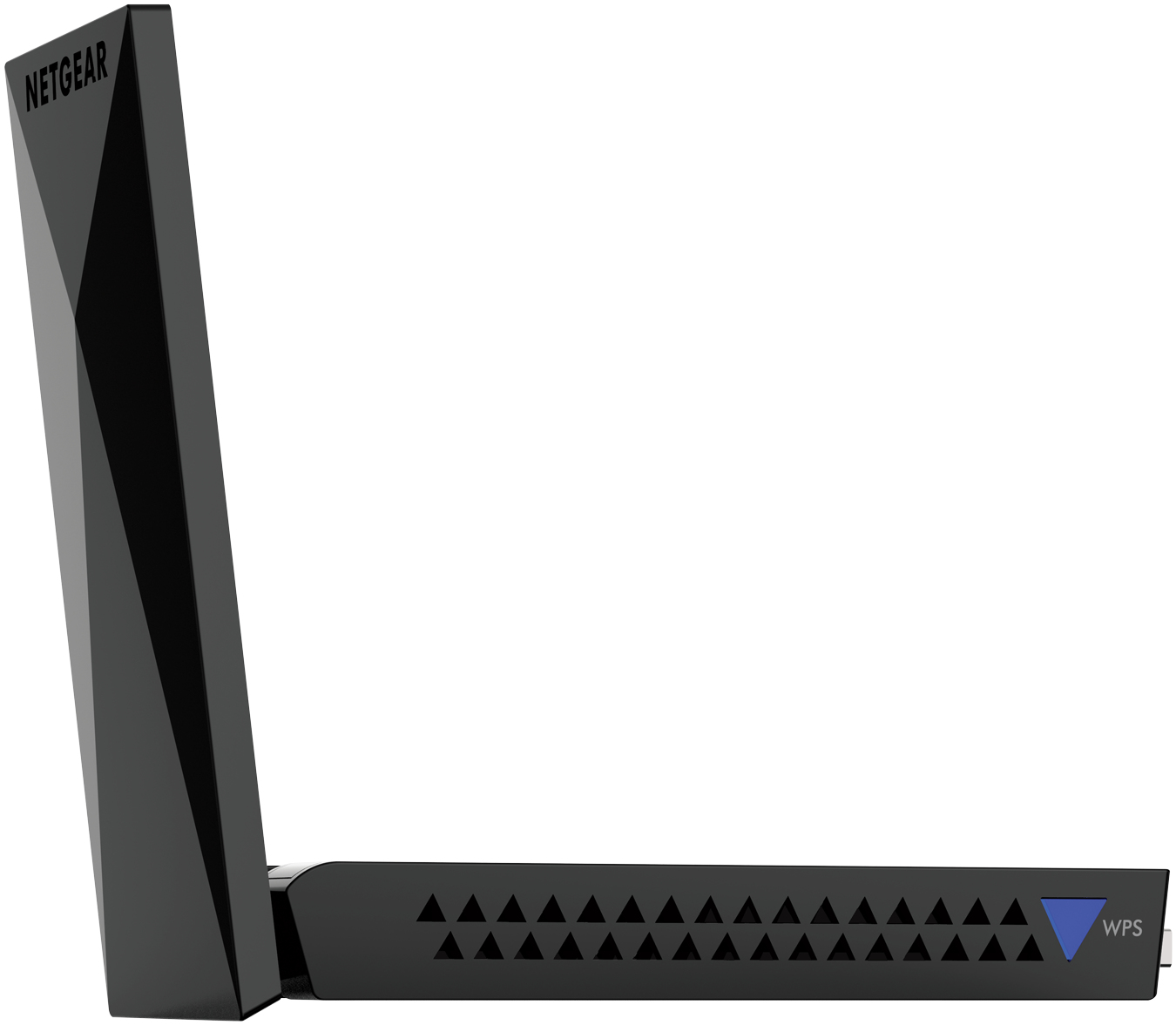 Schwarzer NETGEAR-Router mit abgewinkeltem Design und blauem WPS-Knopf. Weißer Hintergrund.