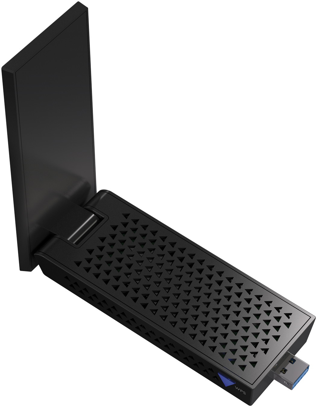 Schwarzer USB-WLAN-Adapter mit ausgeklappter Antenne. Angeschnittene Ansicht vor weißem Hintergrund. Lüftungslöcher.