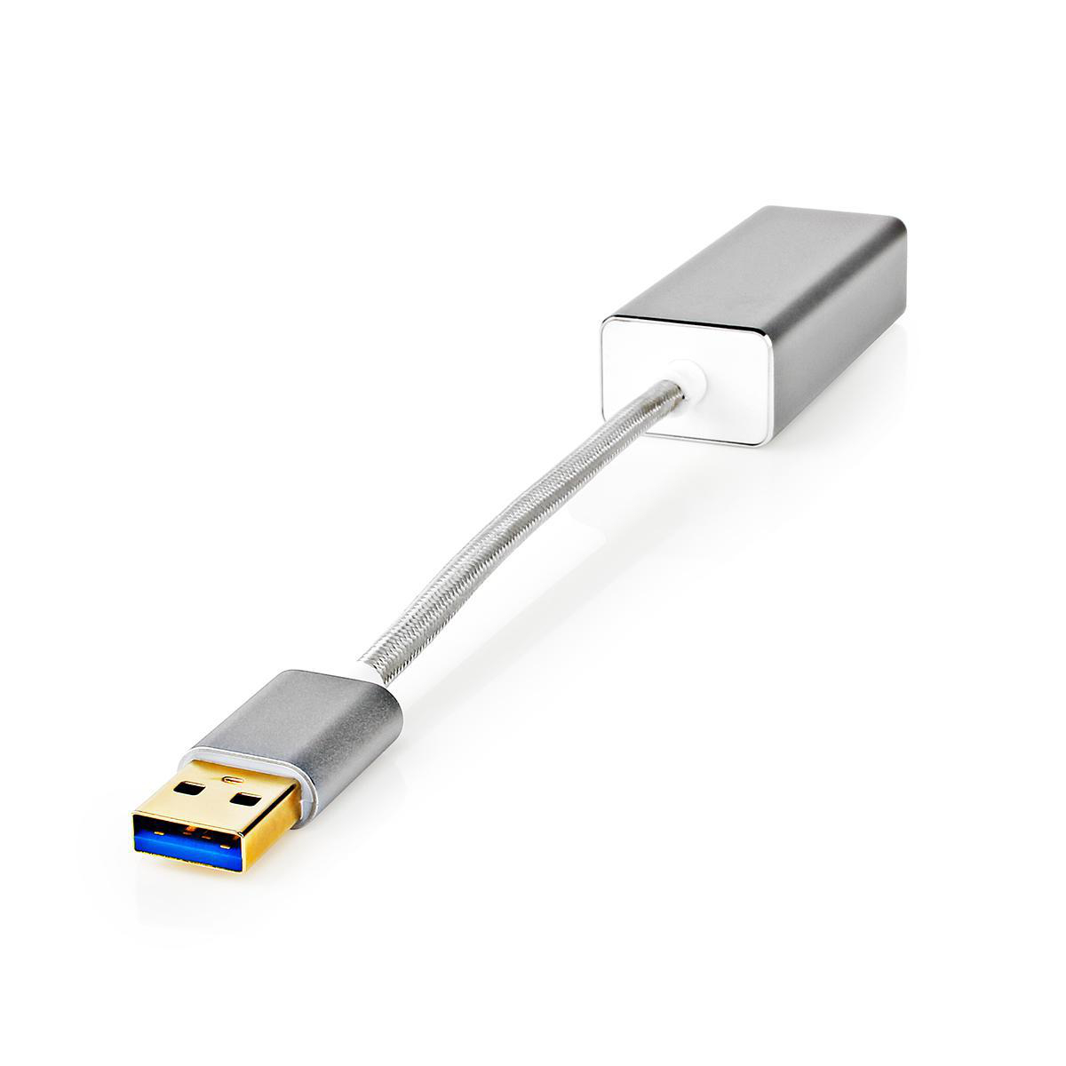Silver USB adapter with a flexible cable and a USB-A connector. The connector is blue and gold.