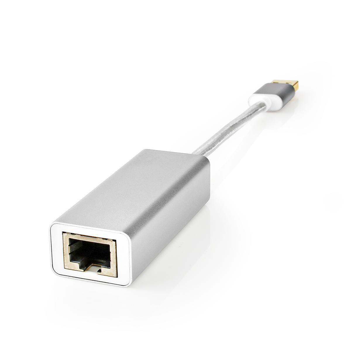 Silver Ethernet to USB-C adapter. It has a square silver body with an Ethernet port and a USB-C connector.