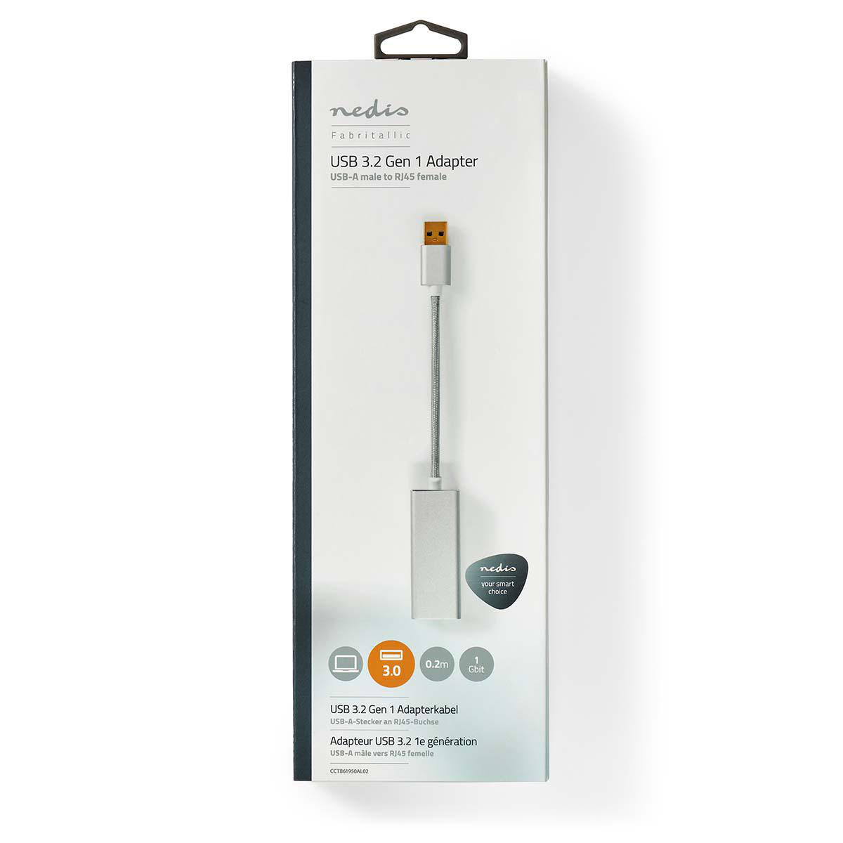 White and grey box with a USB adapter, USB 3.2 Gen 1 Adapter, USB-A male to RJ45 female.