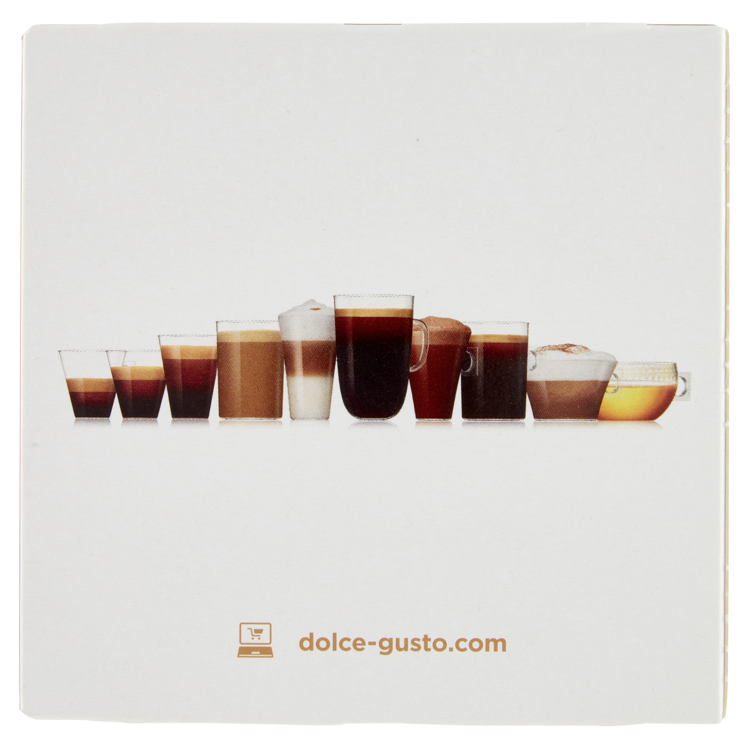 Das Bild zeigt verschiedene Kaffeegetränke in klaren Gläsern. Unten steht 'dolce-gusto.com'.