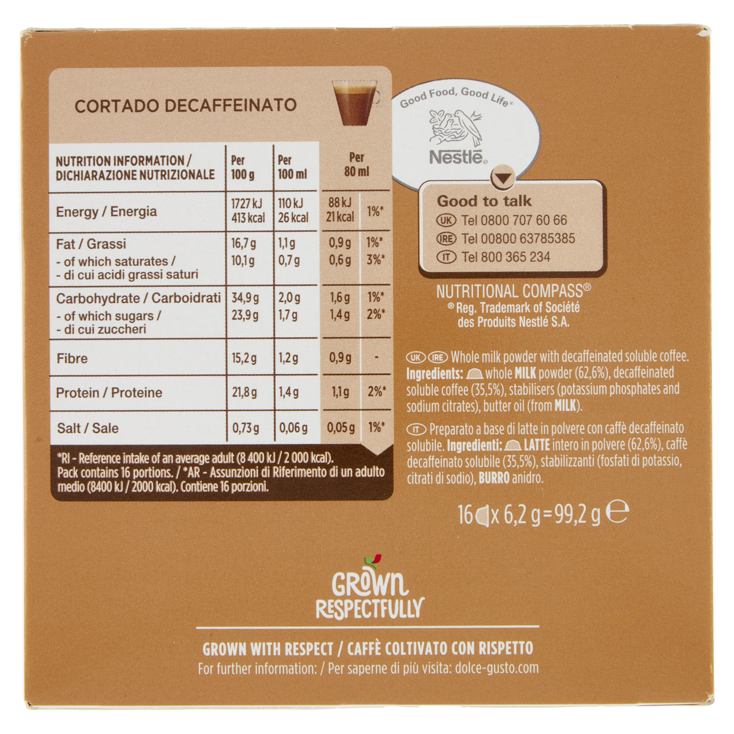 Schachtel mit Cortado Decaffeinato. Nährwertangaben, Nestle-Logo und Zutaten sind angegeben.
