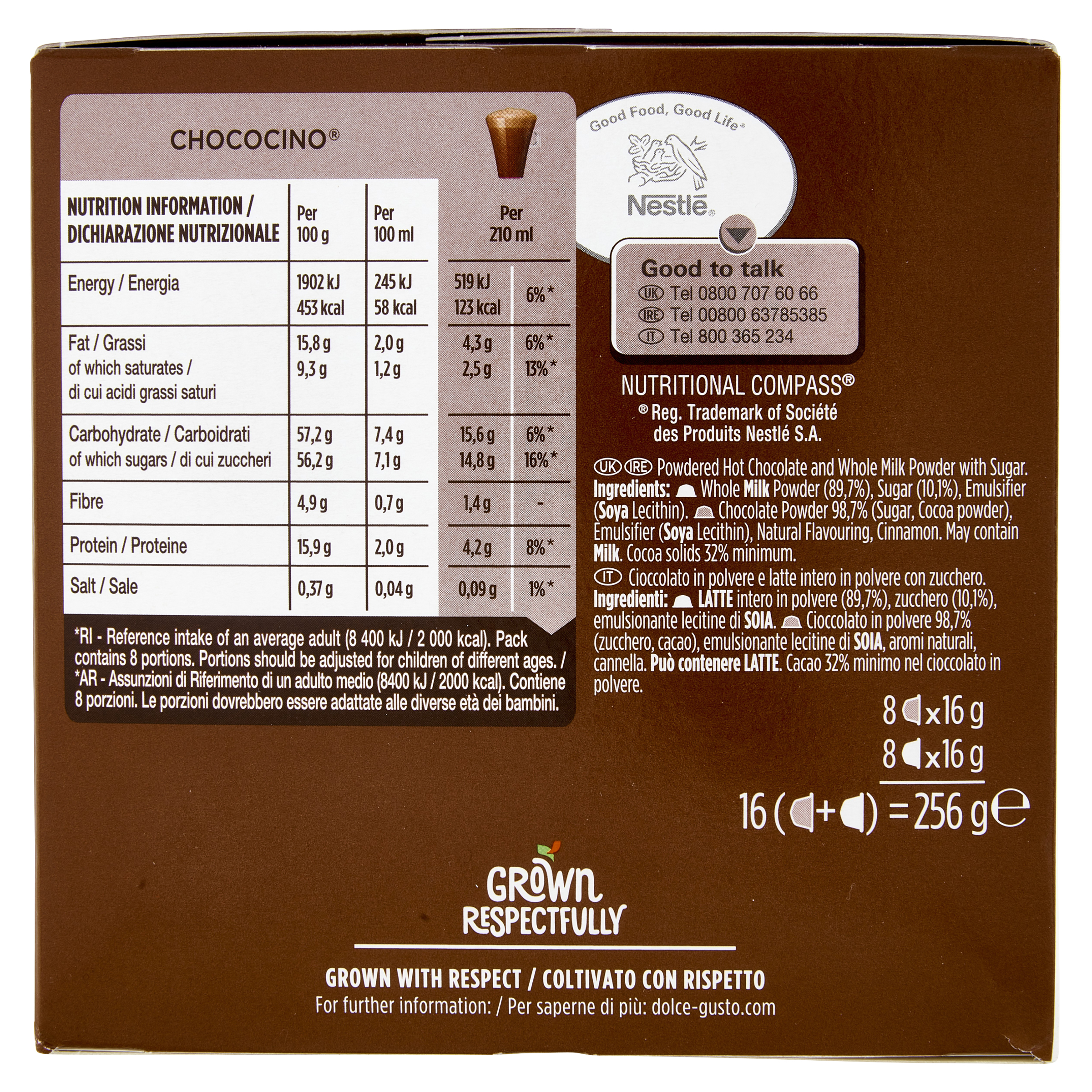 Confezione con informazioni nutrizionali per Chococcino Nestlé.