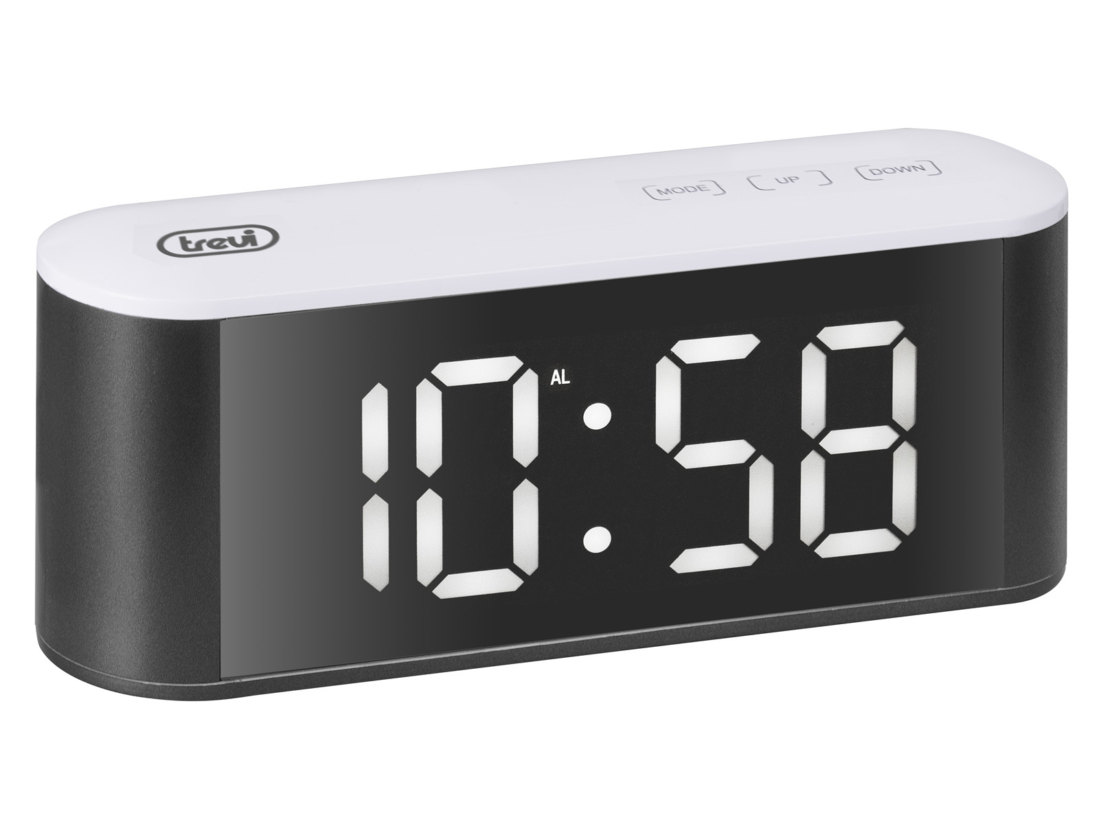 Schwarz-weißer digitaler Wecker mit der Anzeige 10:58. 'Trevi'-Logo oben.