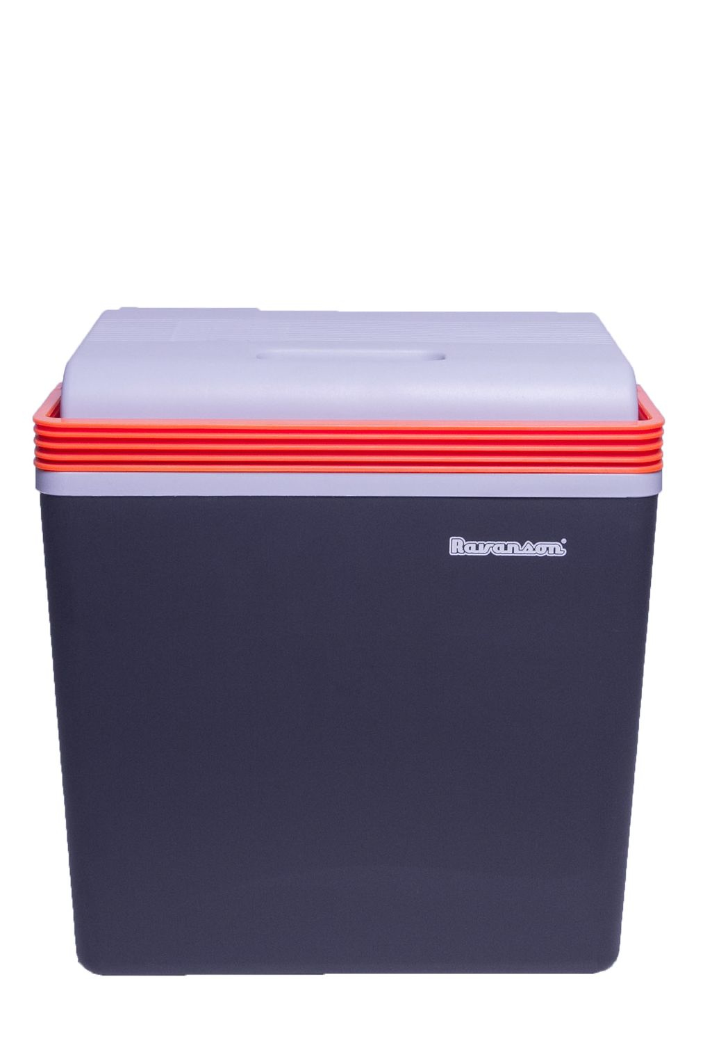 Un box frigo grigio scuro con coperchio grigio chiaro e striscia arancione.