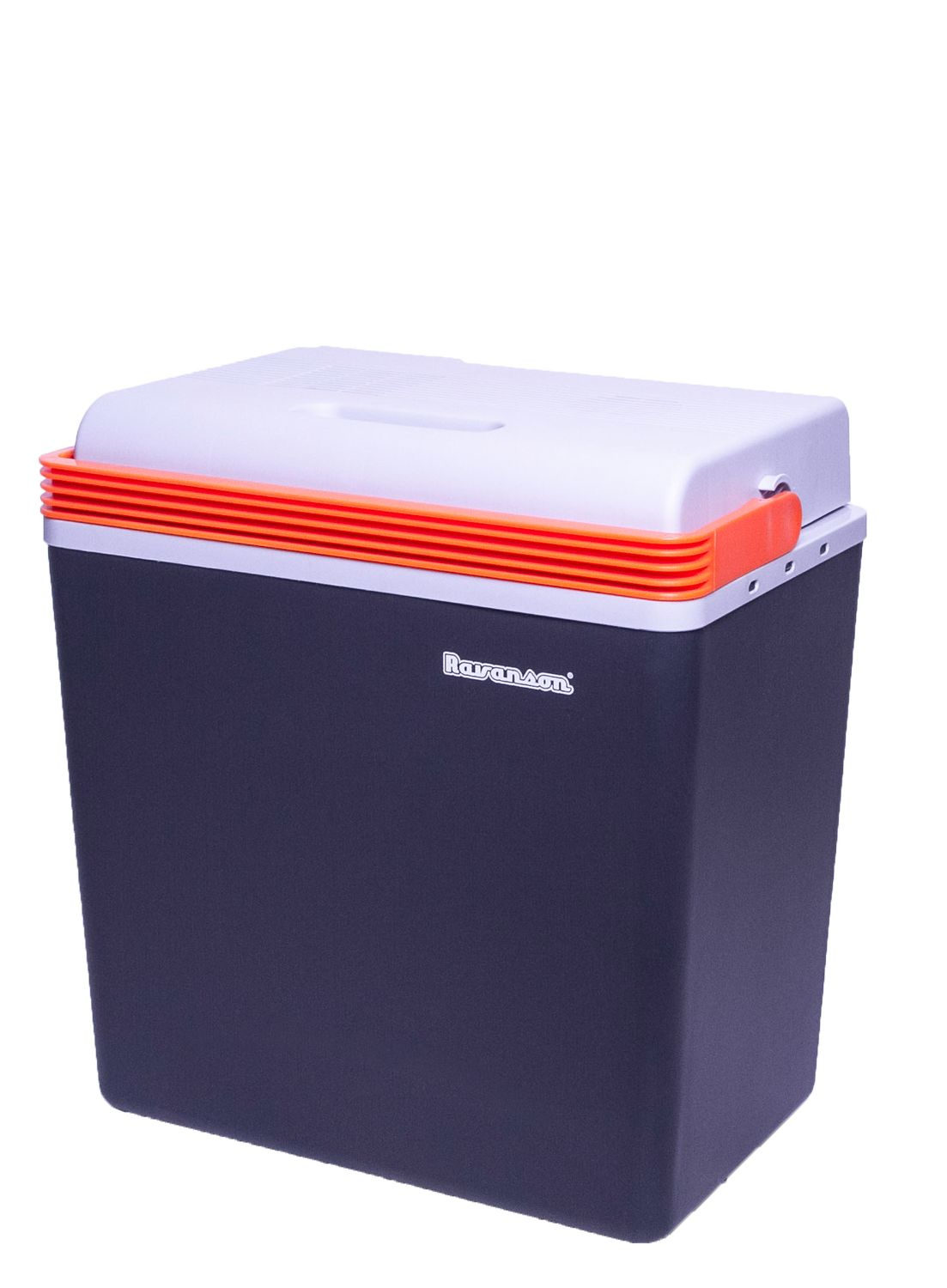 Un box frigo blu scuro con coperchio bianco e striscia arancione.