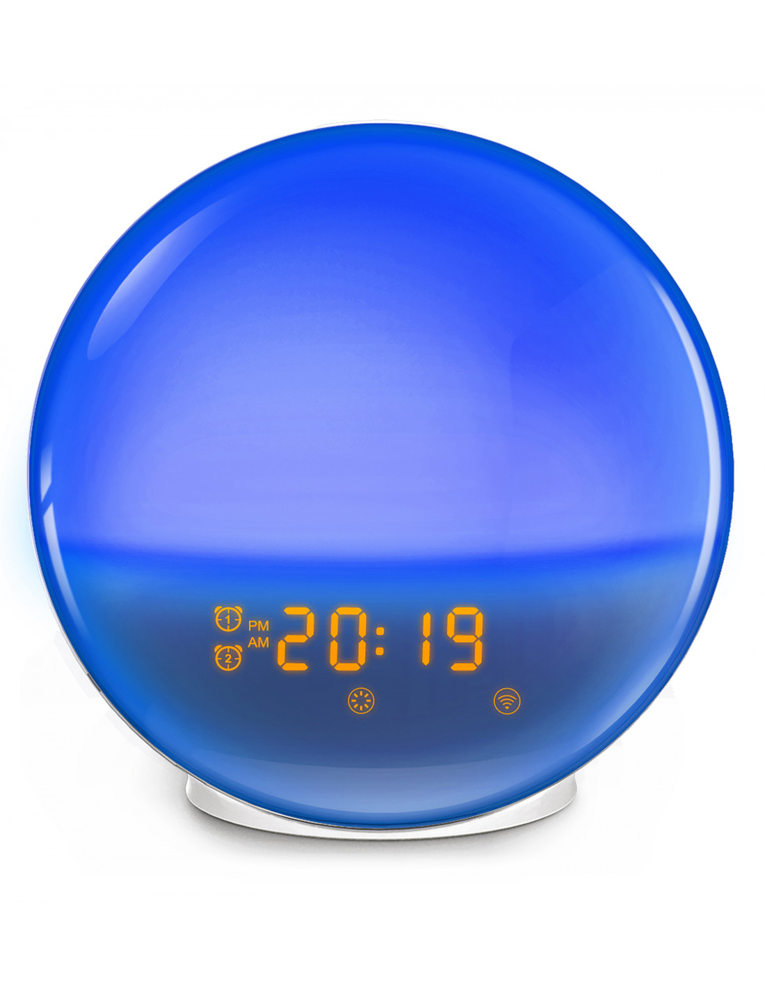 Un reloj despertador redondo con gradiente azul con pantalla digital de tiempo e iconos.