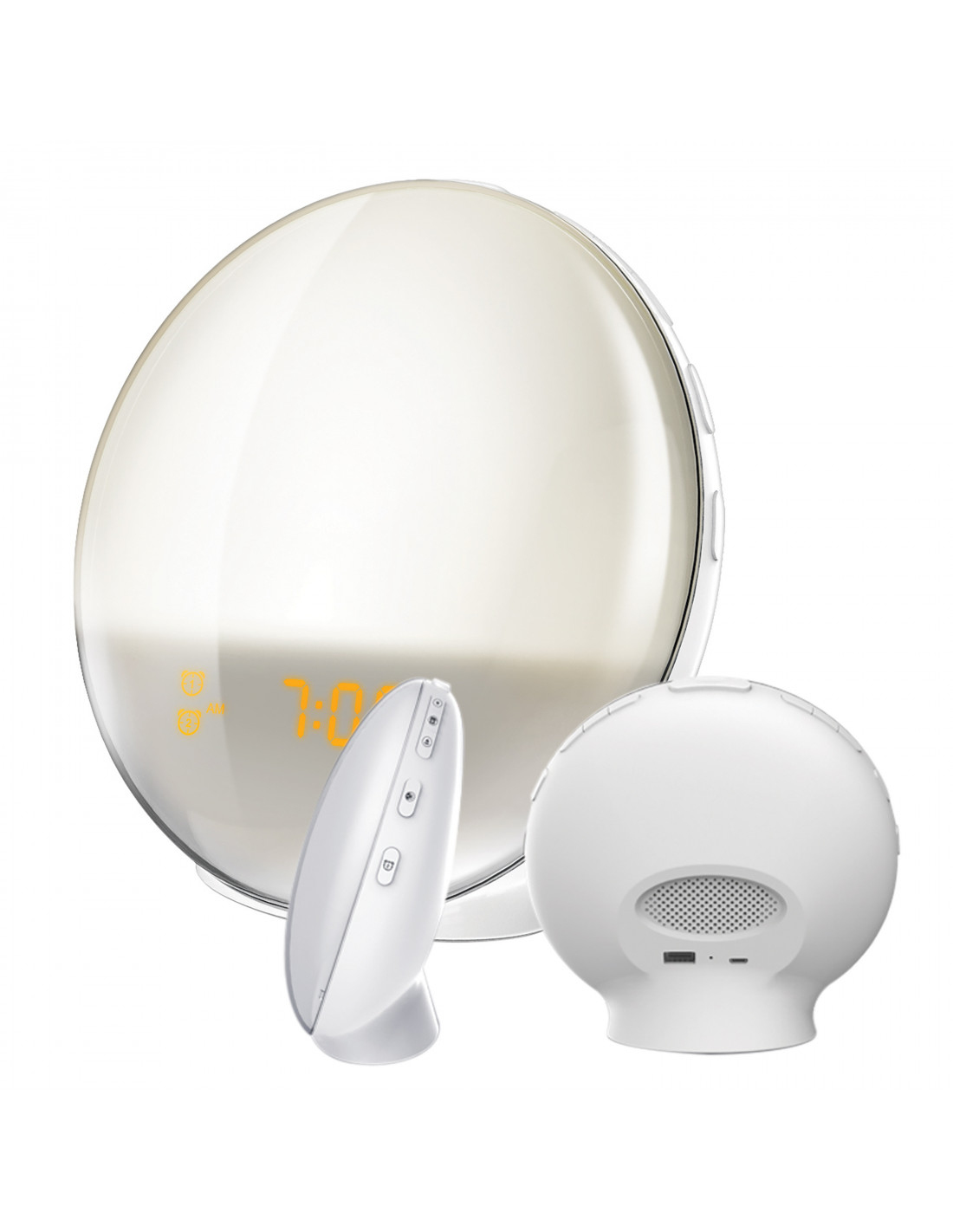 Despertador blanco. Gran forma ovalada con una pantalla naranja. Incluye un control blanco más pequeño.