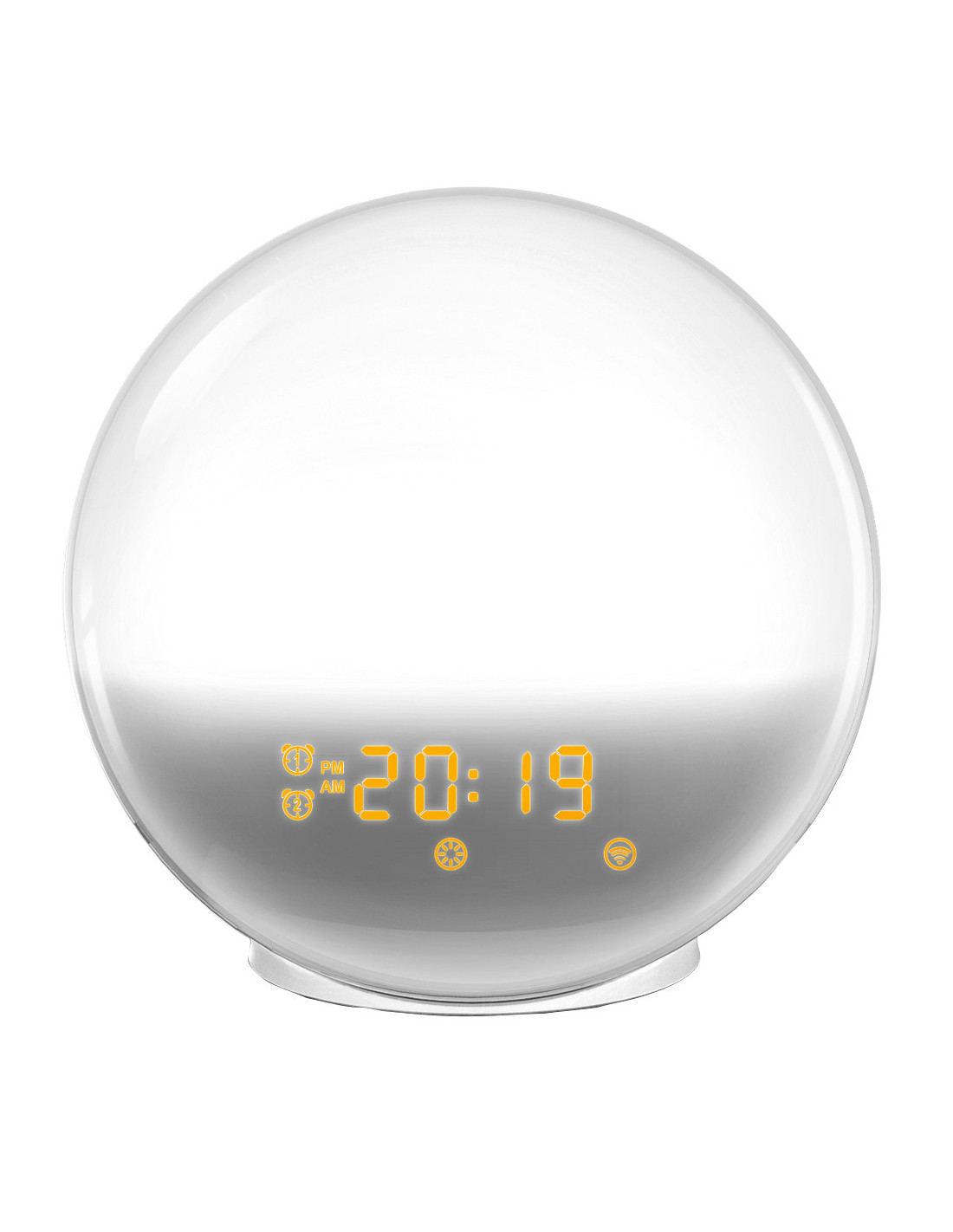 Un reloj de esfera blanca con una pantalla naranja que muestra la hora y otra información.