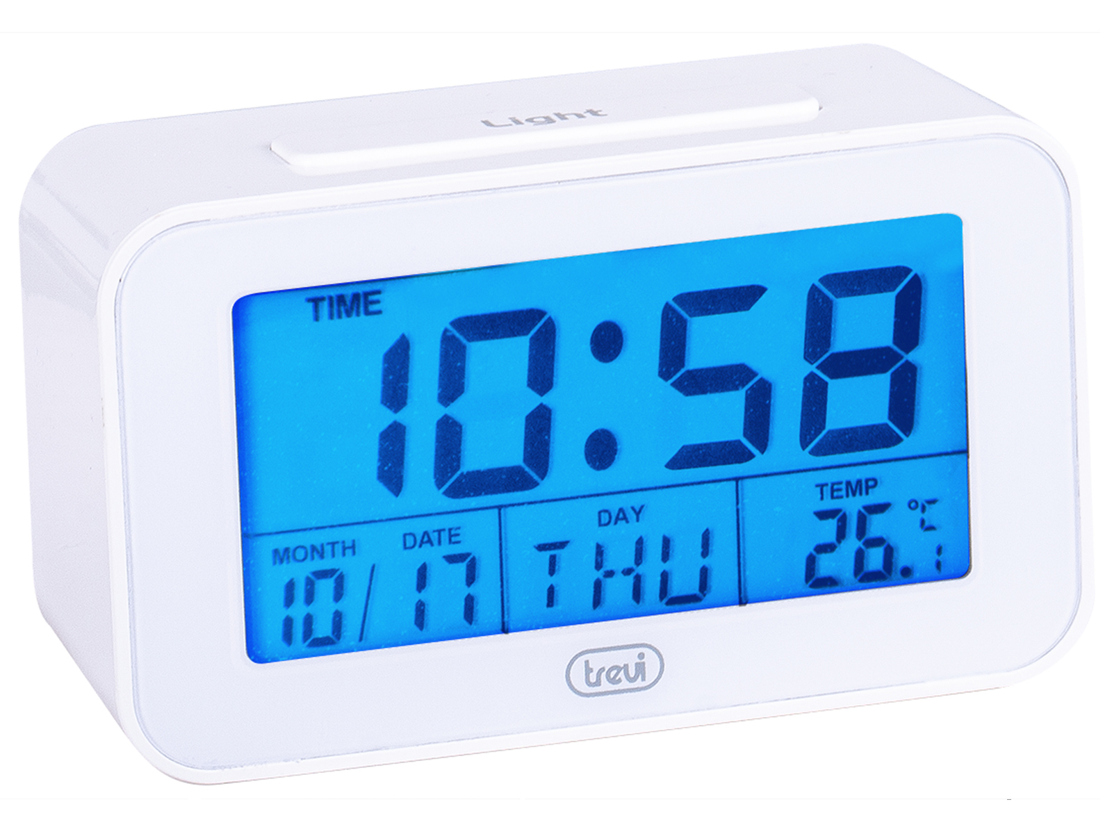 Weißer digitaler Wecker mit blauem Display. Zeit, Datum und Temperatur werden angezeigt.