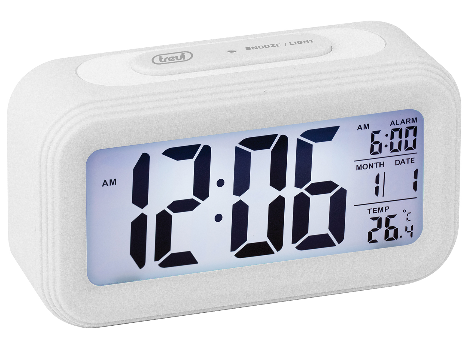 Ein weißer digitaler Wecker, der Zeit, Datum und Temperatur anzeigt. Er hat eine Schlummer-/Licht-Taste.