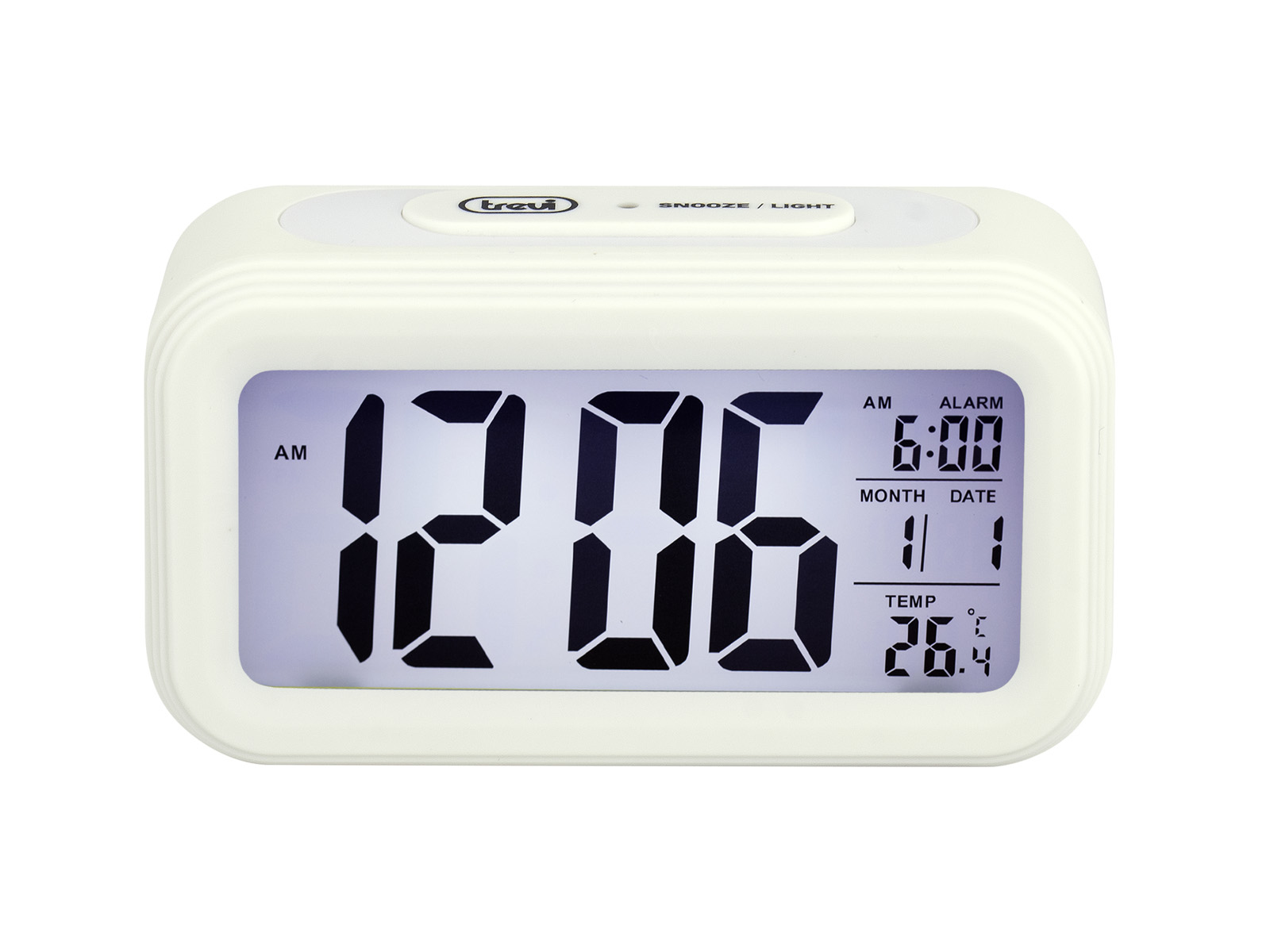 Ein cremefarbener digitaler Wecker, der Zeit, Datum und Temperatur anzeigt.