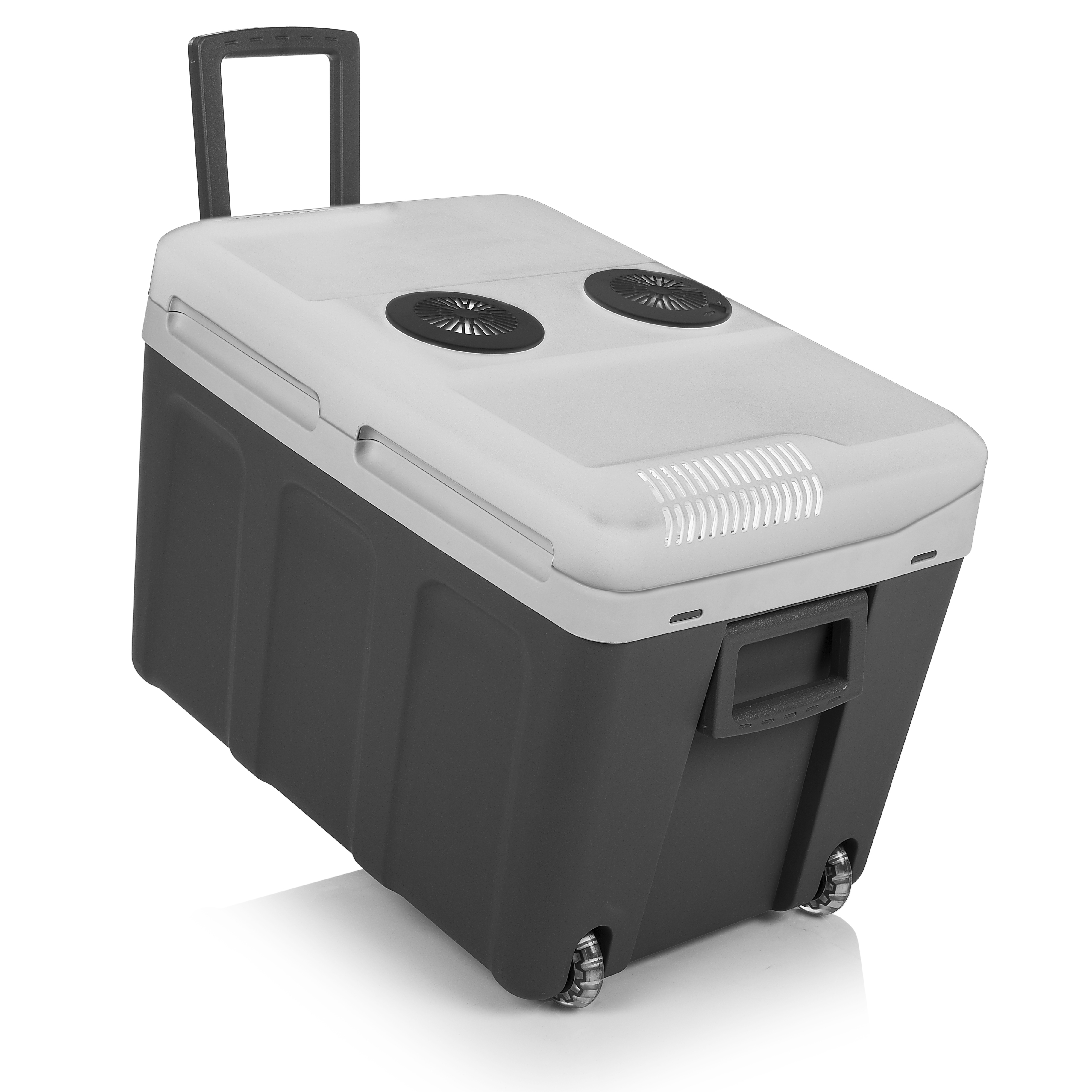 Un refrigeratore con ruote e una maniglia. Il refrigeratore è grigio e nero. Ha due ventole sopra.