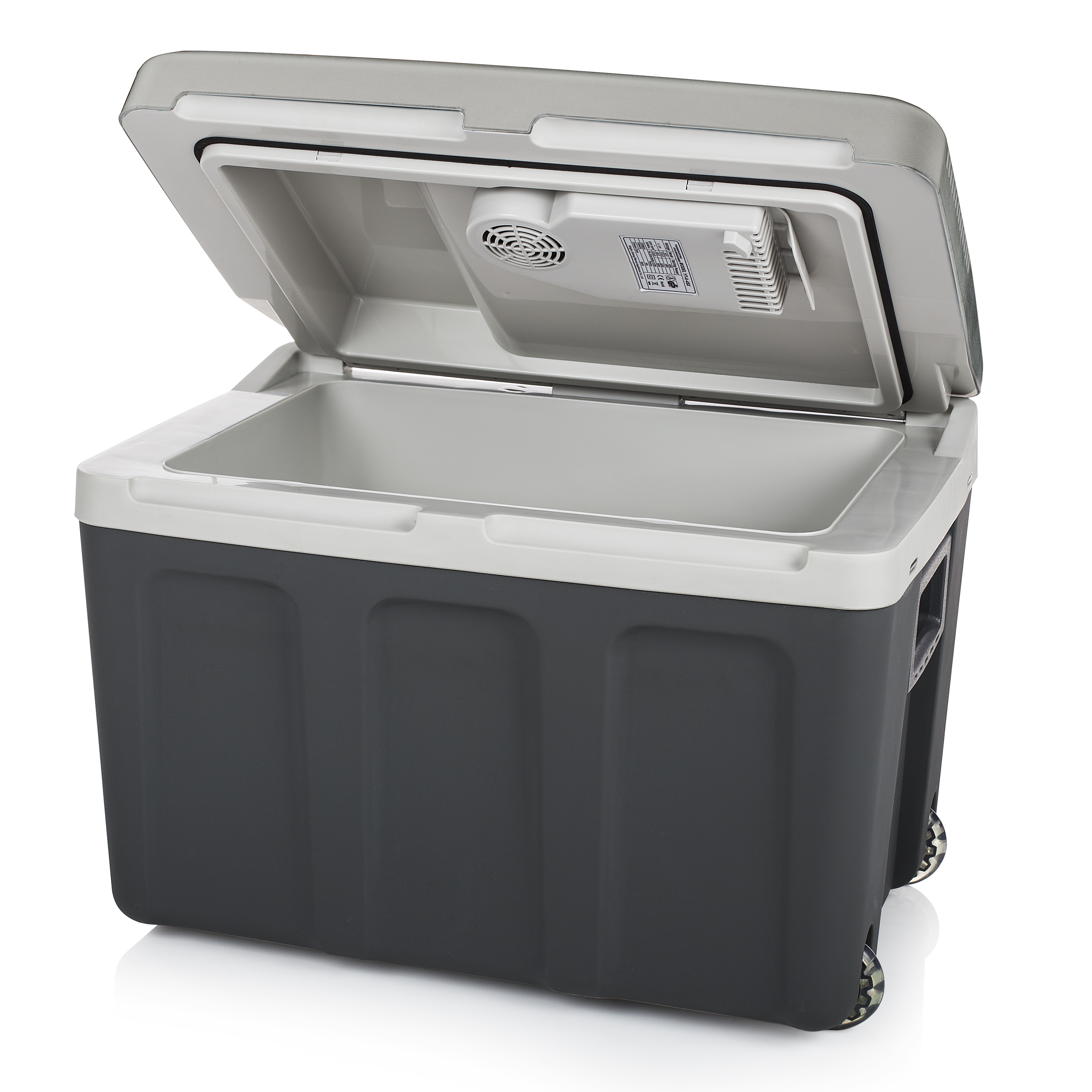 Contenitore termico grigio con coperchio aperto. Interno visibile. Ruote e maniglia visibili.