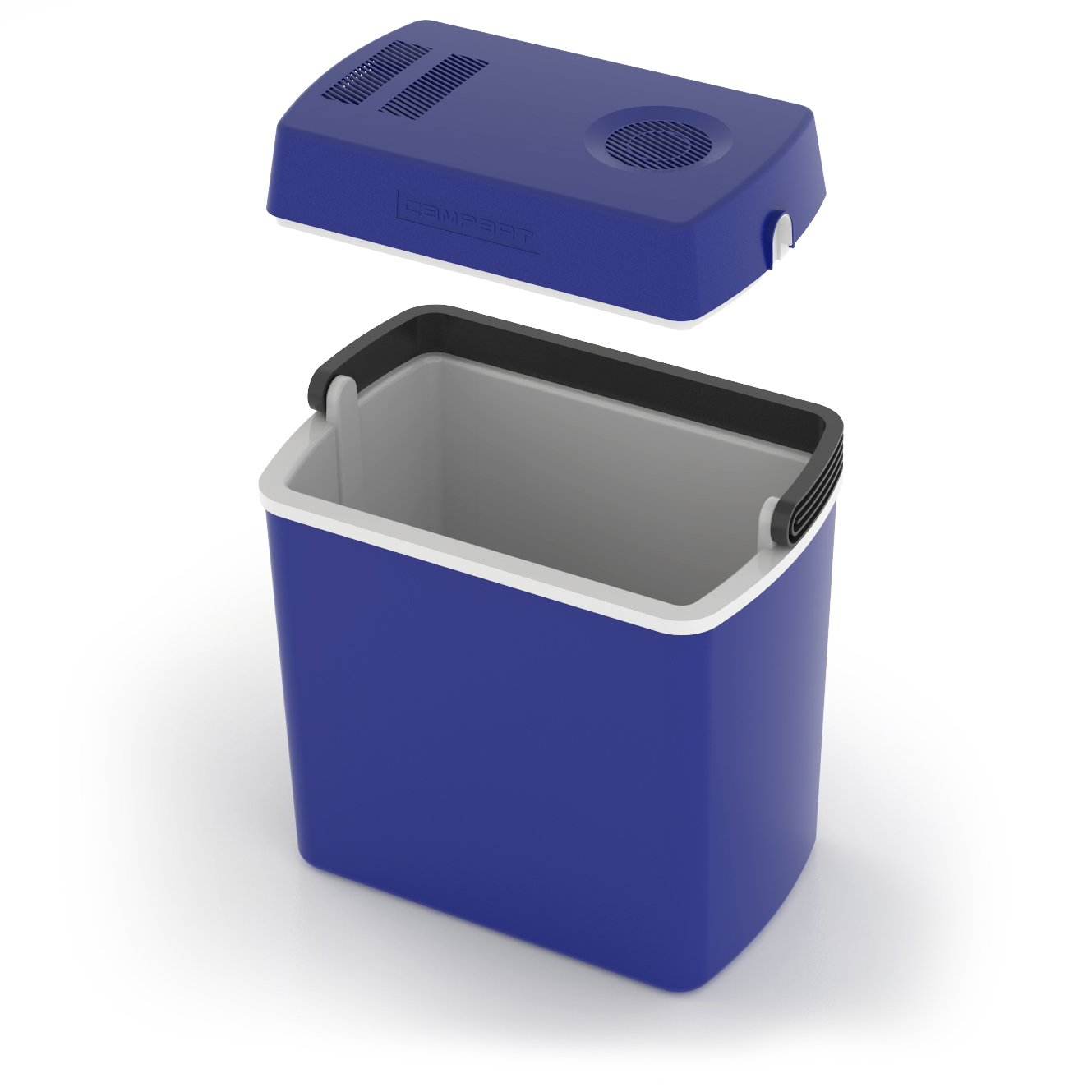 Niebieska lodówka z otwartą pokrywą.