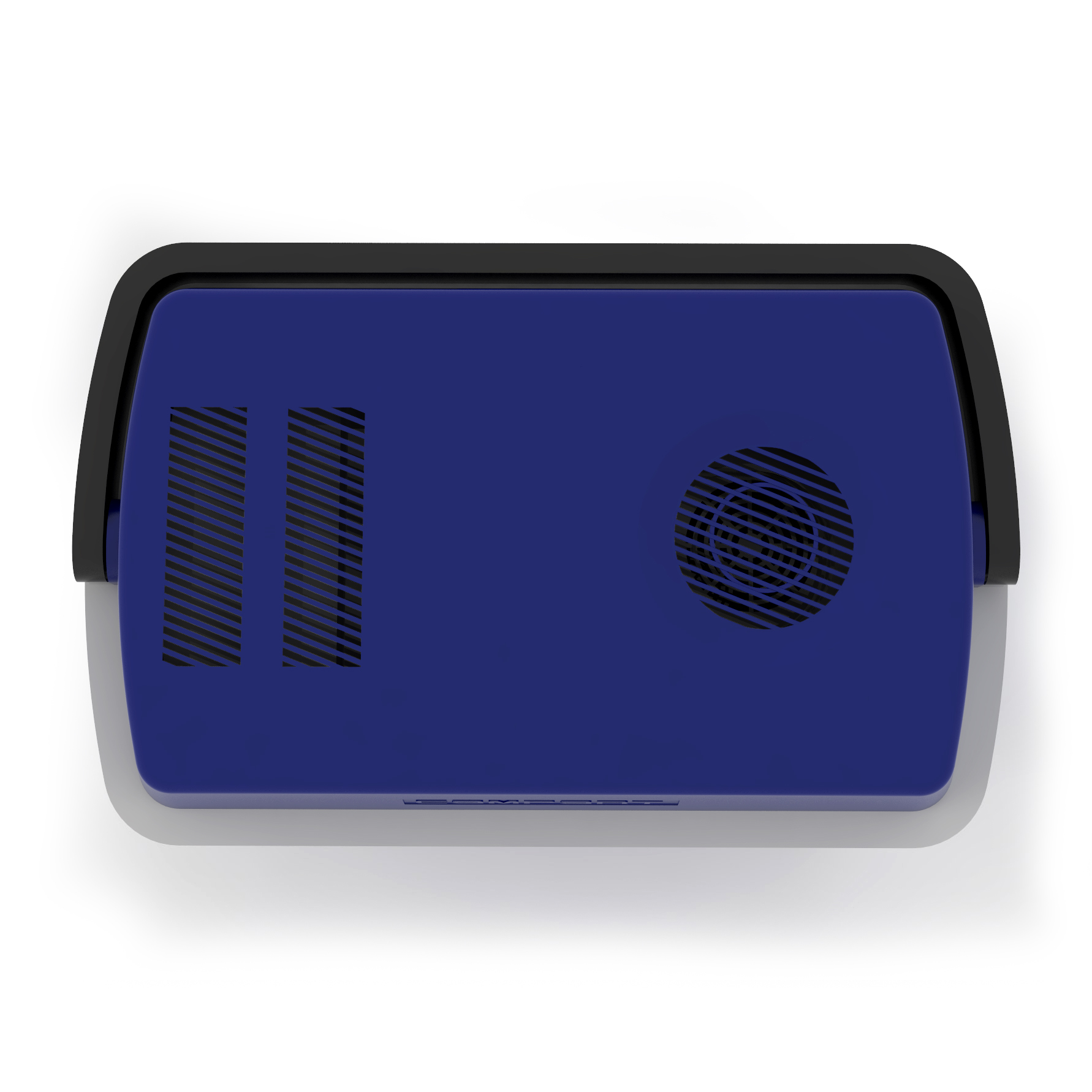 Długie srebrne urządzenie z dwoma gniazdkami i przewodem, białe tło.