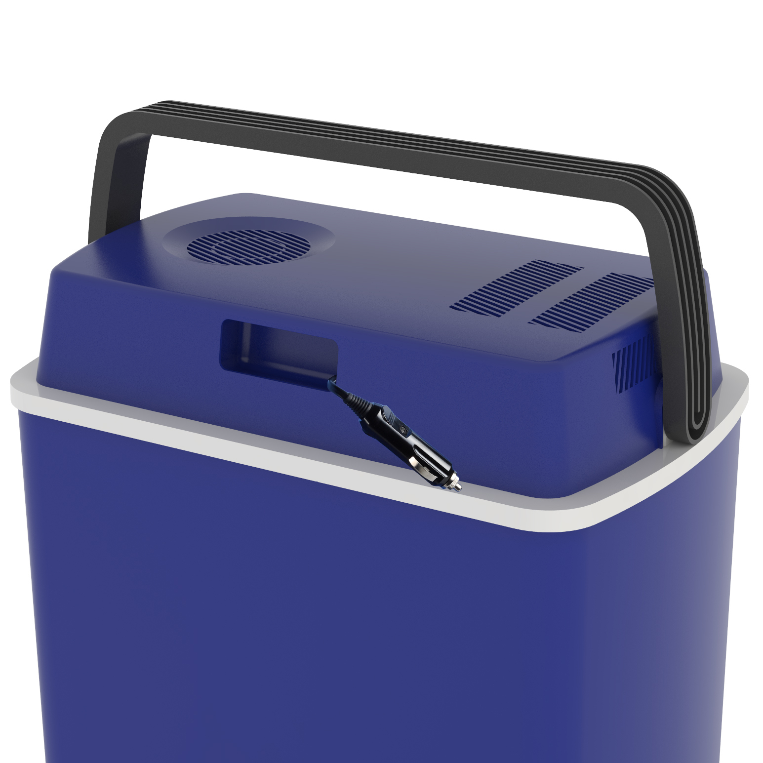 Niebieska chłodziarka z czarnym uchwytem i kablem zasilającym.