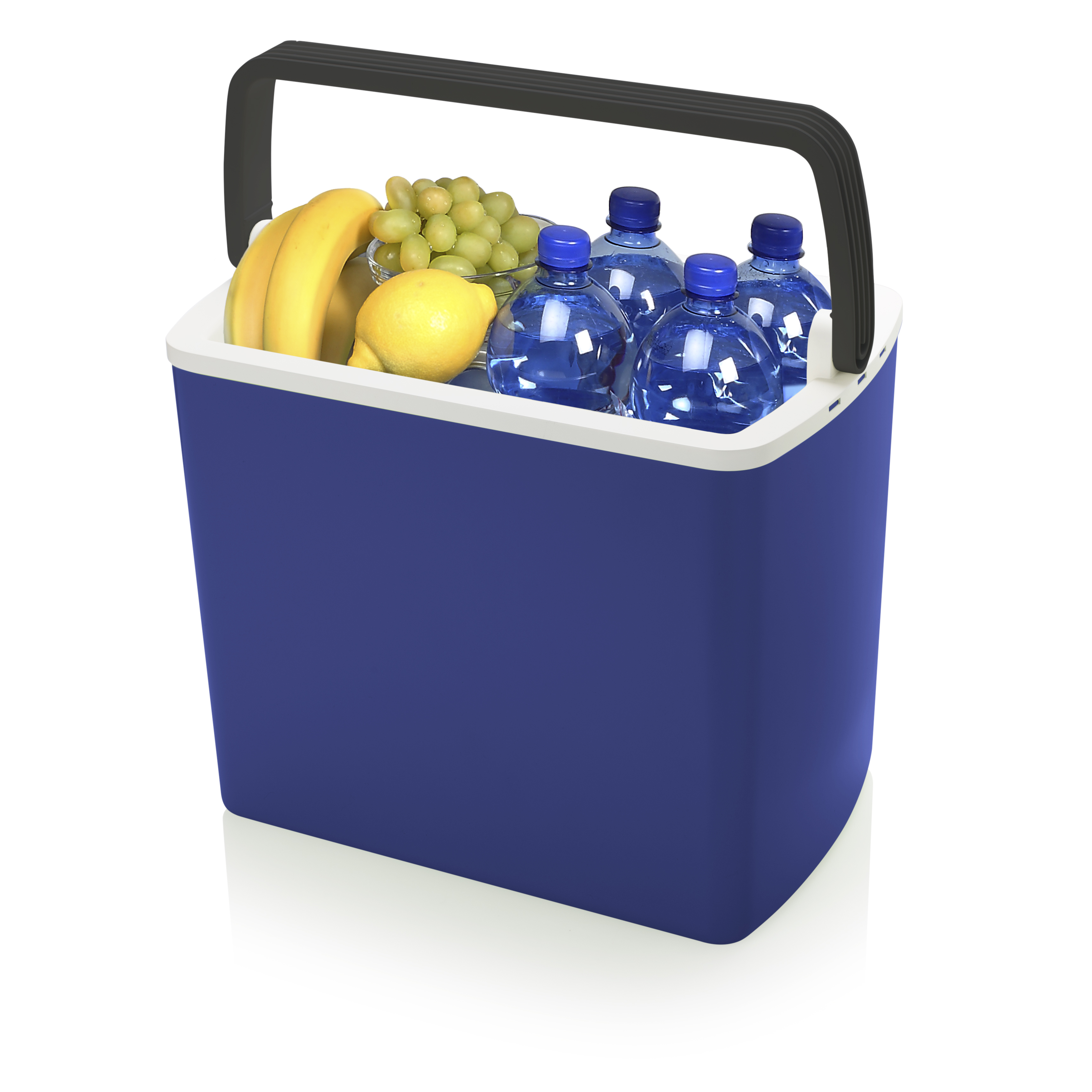 Niebieska chłodziarka wypełniona owocami i butelkami wody. Ma czarny uchwyt.