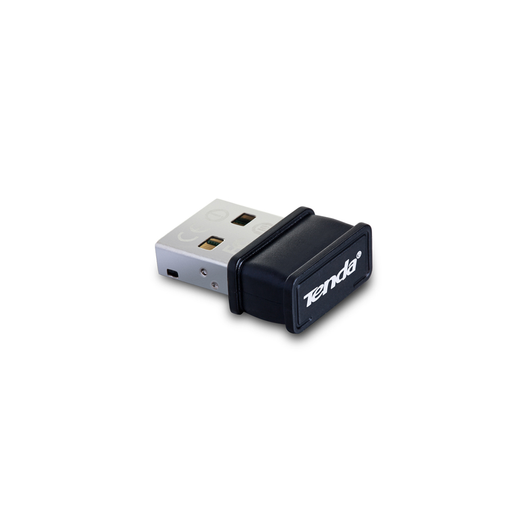 Czarny adapter Wi-Fi USB. Widoczna marka Tenda. Białe tło.