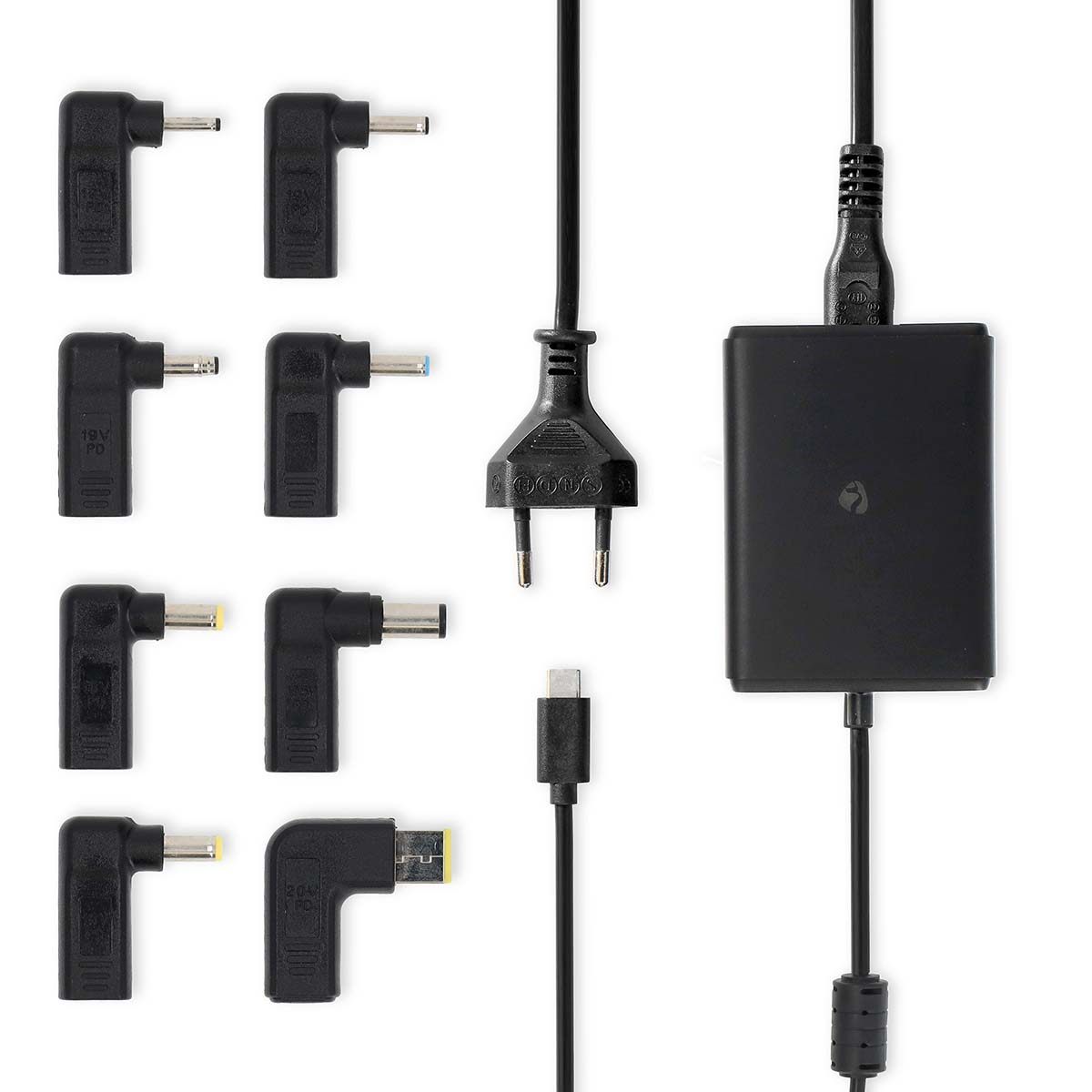 Varie spine adattatore di alimentazione nere e un blocco di ricarica nero con cavo USB-C.
