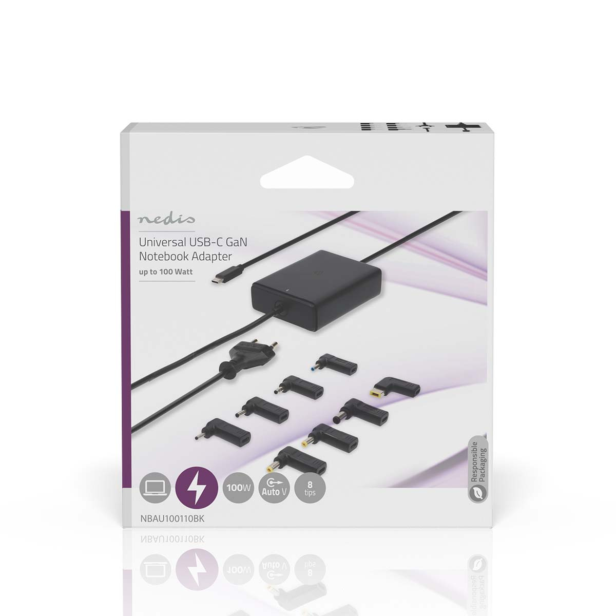 Adattatore universale USB-C GaN per notebook, con più punte nere, in scatola.