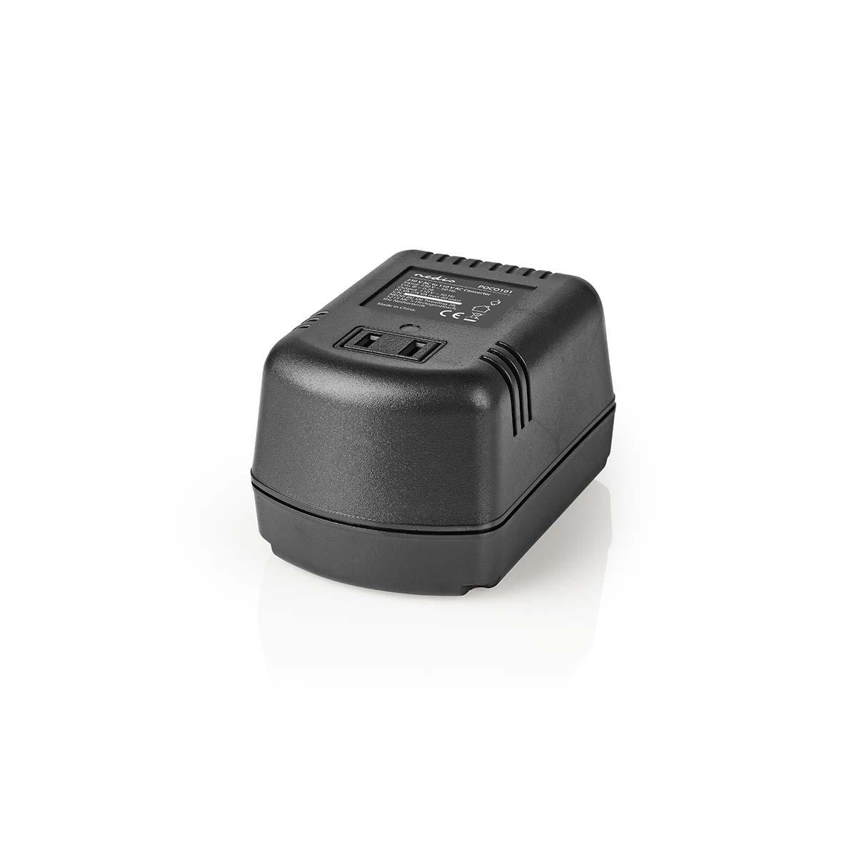 Czarny adapter zasilania z dwoma gniazdami. Prosty design, na białym tle.