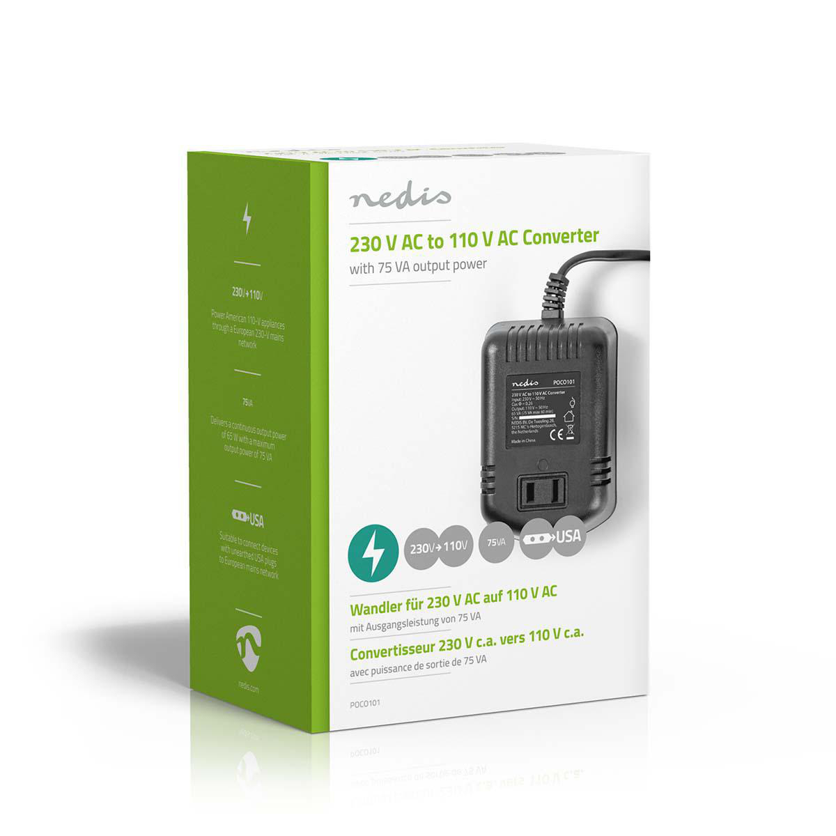 Białe pudełko z czarnym transformatorem, tekstem i wtyczką USA. Zielony i biały tekst.