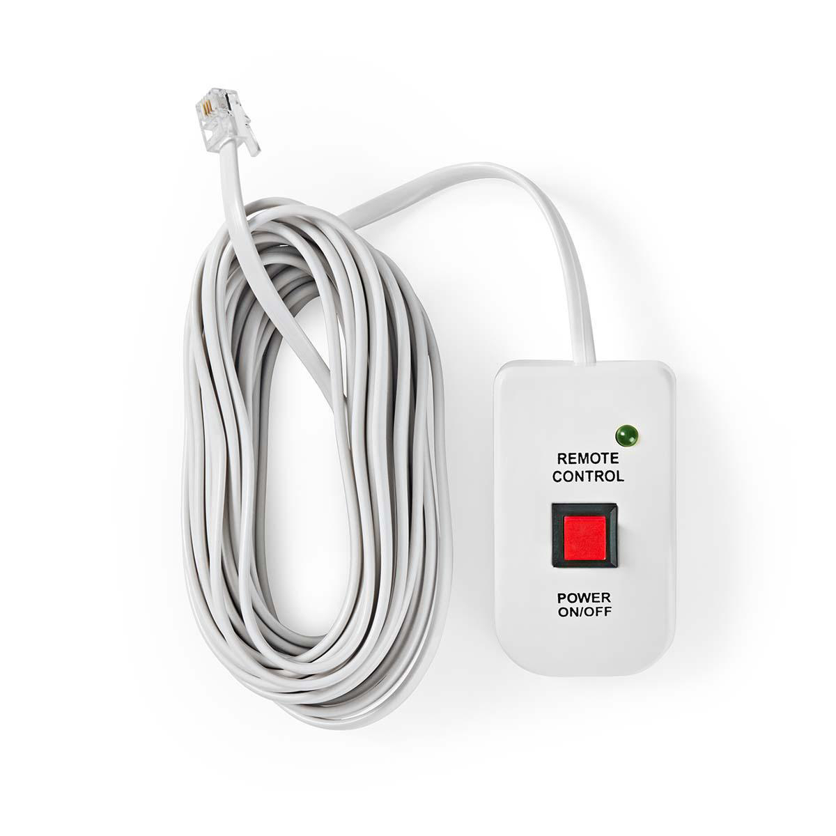 Een witte afstandsbediening met een rode aan/uit-knop, verbonden met een grijze kabel.