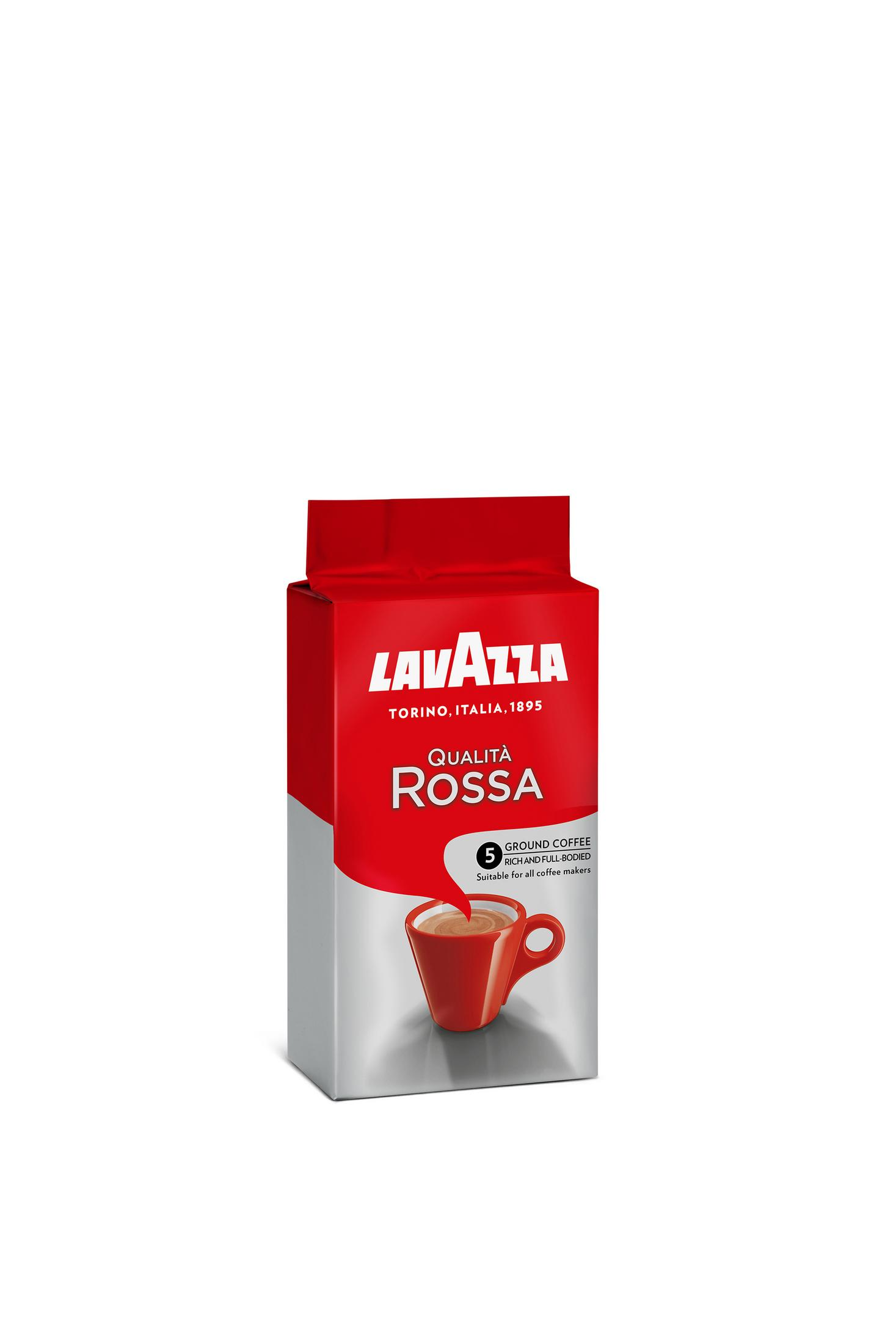 Un sacchetto di caffè rosso con un'illustrazione di tazza su sfondo bianco.