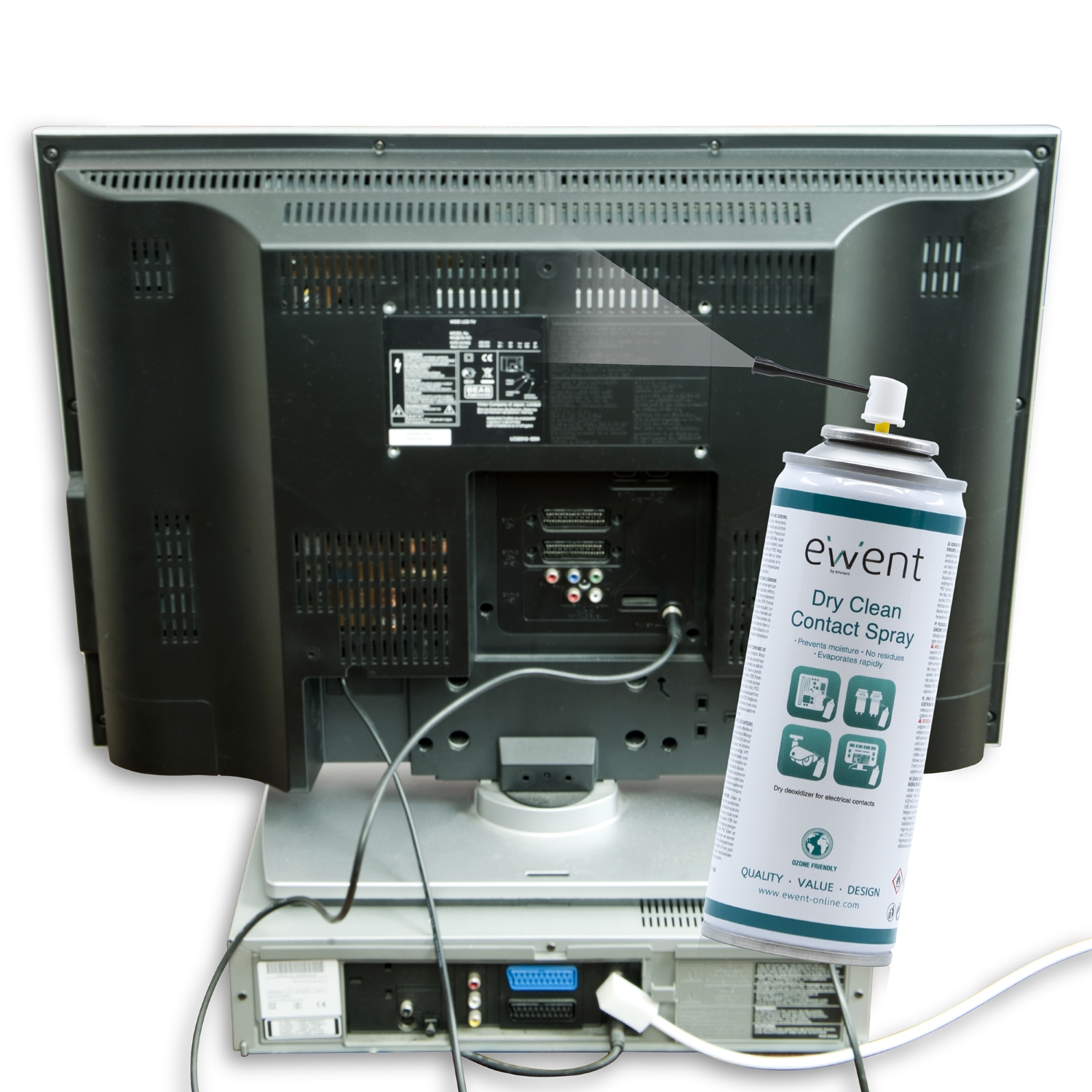 Retro di una TV con una bomboletta spray davanti. La bomboletta spray recita 'Dry Clean Contact Spray'.