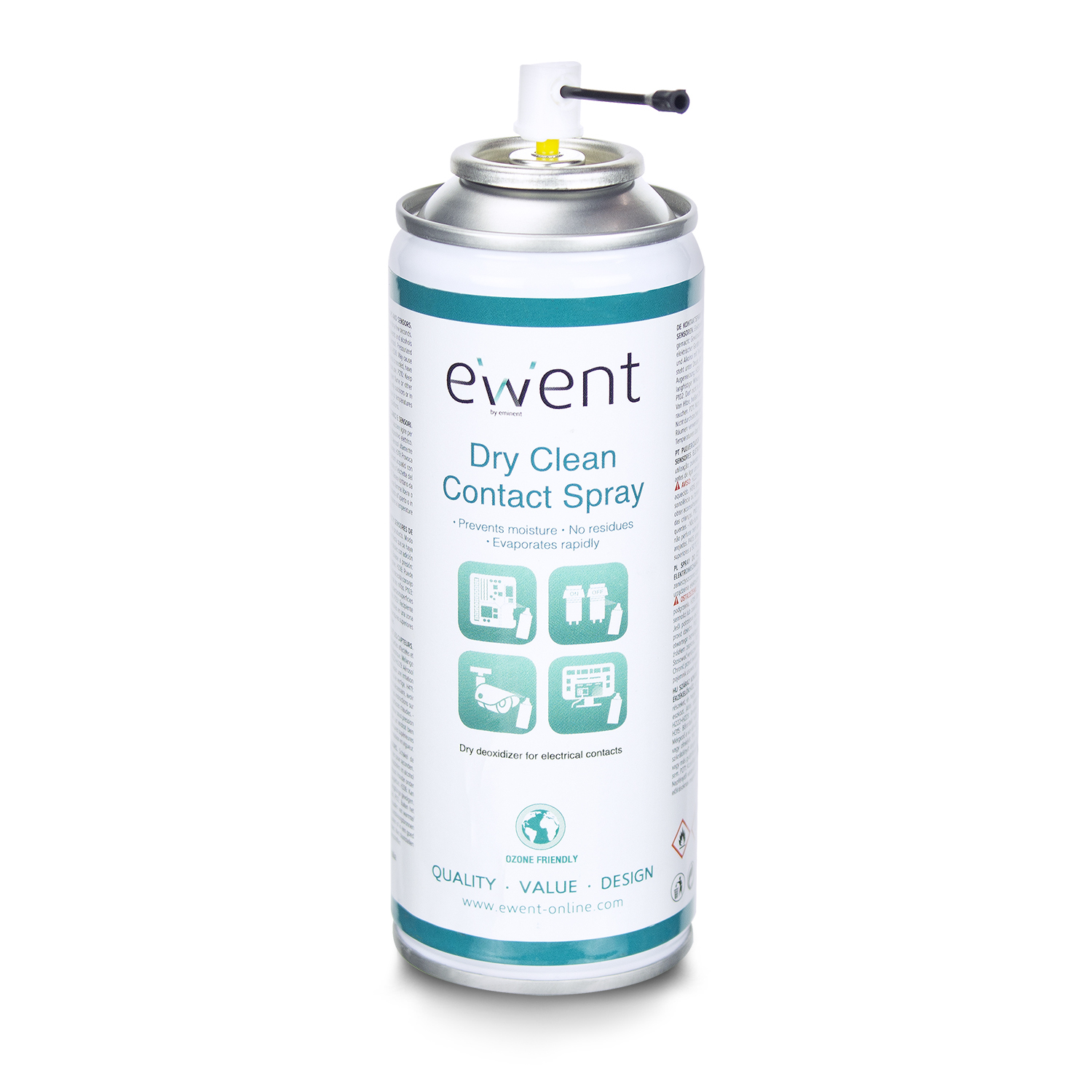 Bomboletta spray per contatti pulizia a secco eWENT. Argento e bianco con dettagli verdi e blu. Testo e icone.