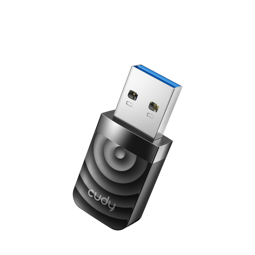 Un adaptador WiFi USB negro con conector plateado y detalles azules.