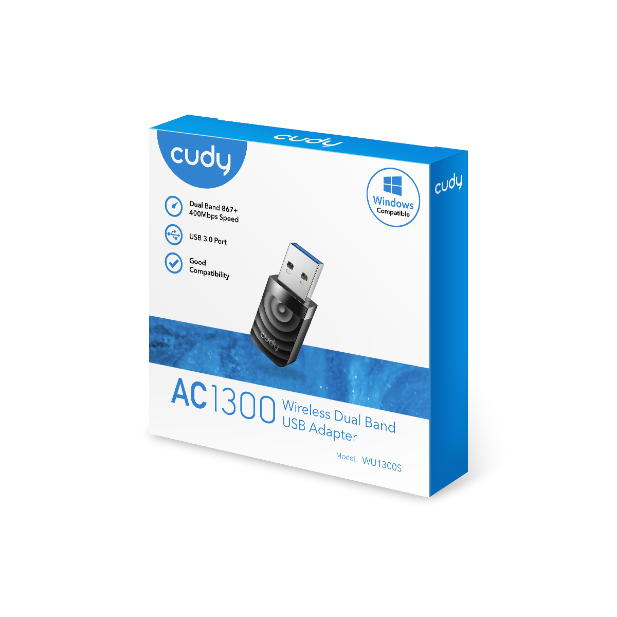 Embalaje de un adaptador USB Cudy AC1300 Wireless Dual Band.