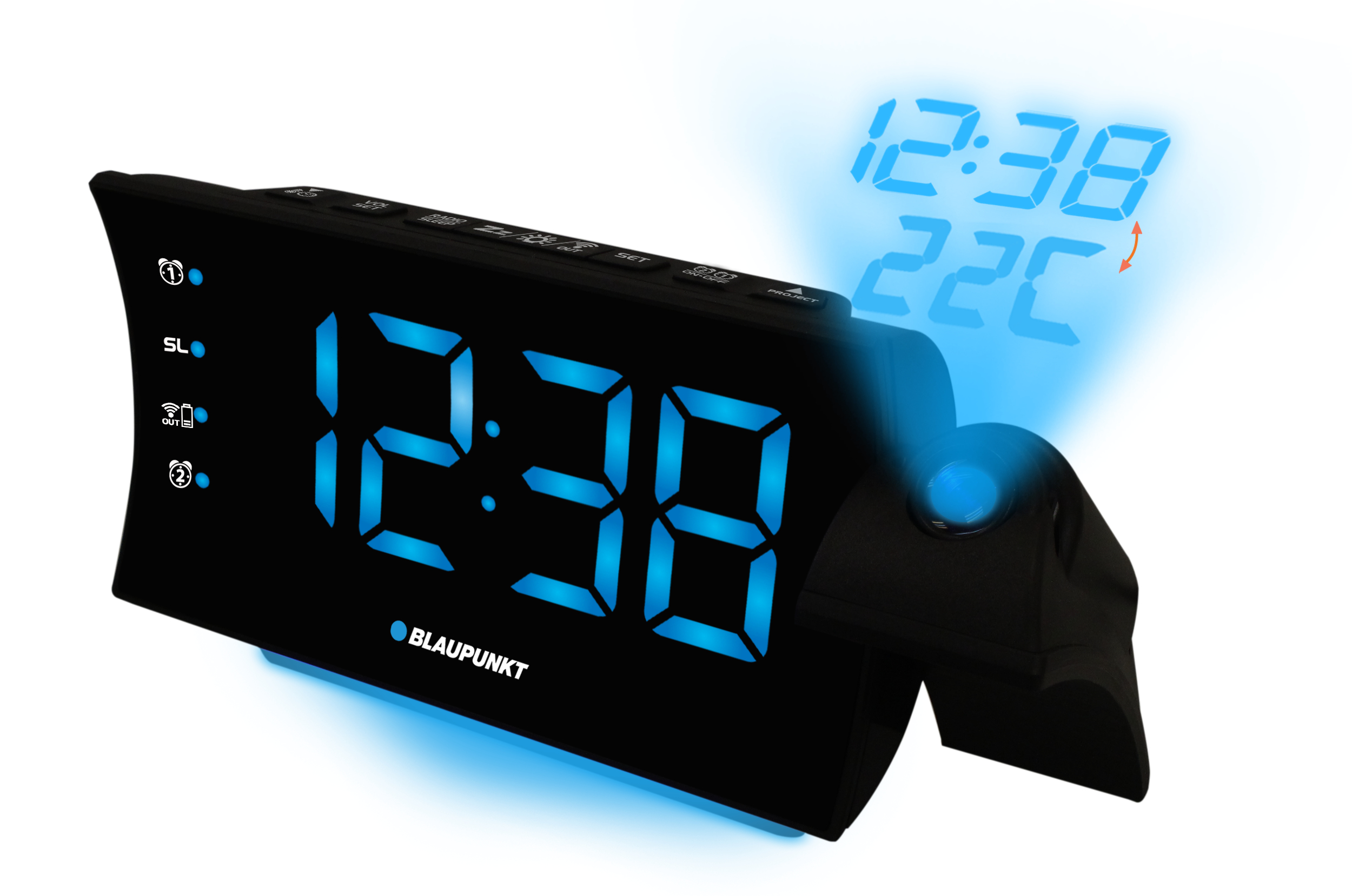 Una sveglia a proiezione nera con display digitali blu mostra 12:38 e 22C.