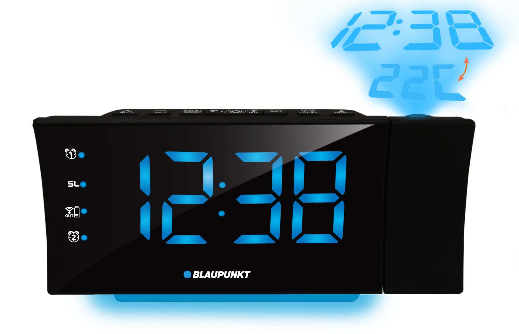 Una radiosveglia a proiezione nera che mostra le 12:38 in numeri digitali blu.