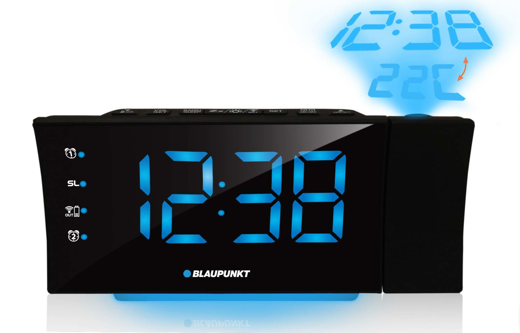 Sveglia a proiezione nera con display digitale blu 12:38 e temperatura 22C.