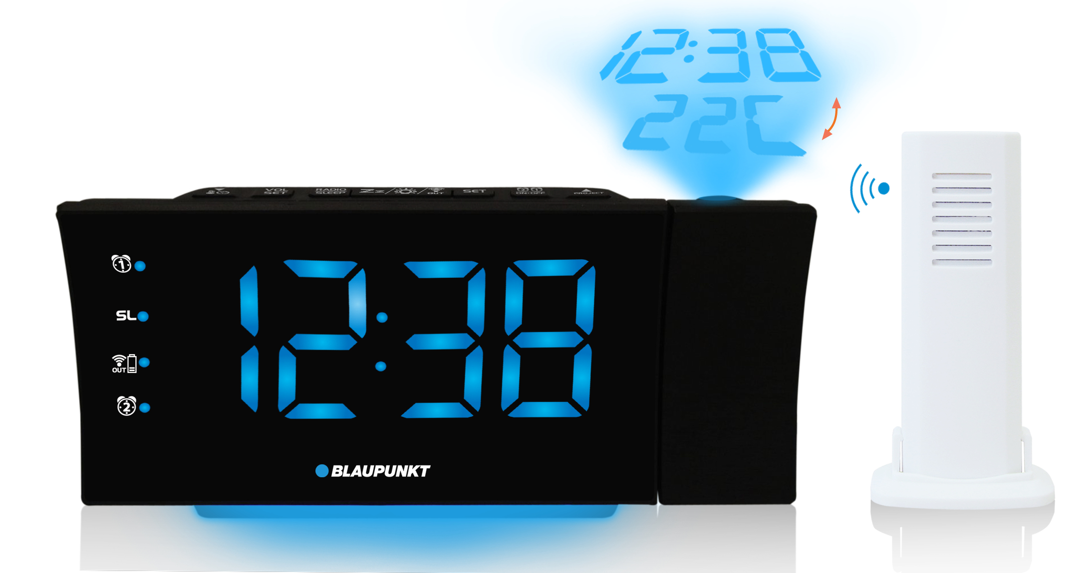 Una sveglia a proiezione nera mostra le 12:38, accanto a un sensore wireless bianco.