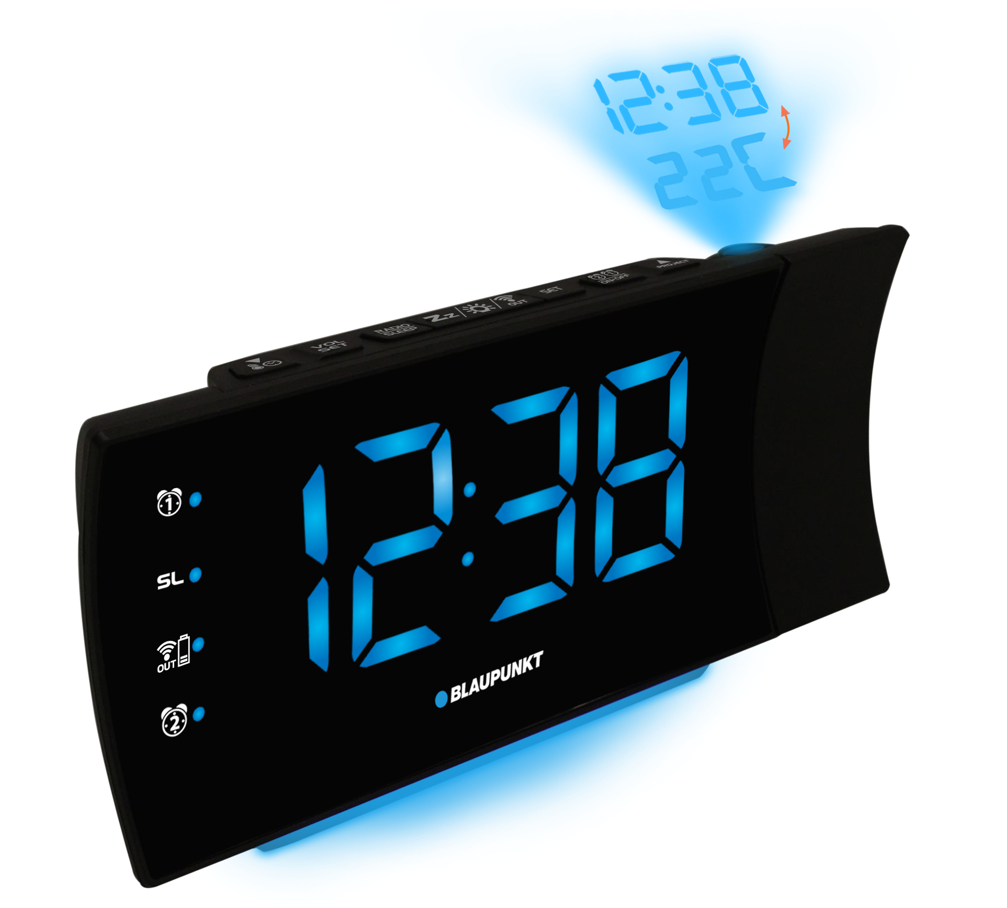 Una sveglia digitale Blaupunkt nera mostra 12:38 in LED blu. Proietta 12:38 e 22C.