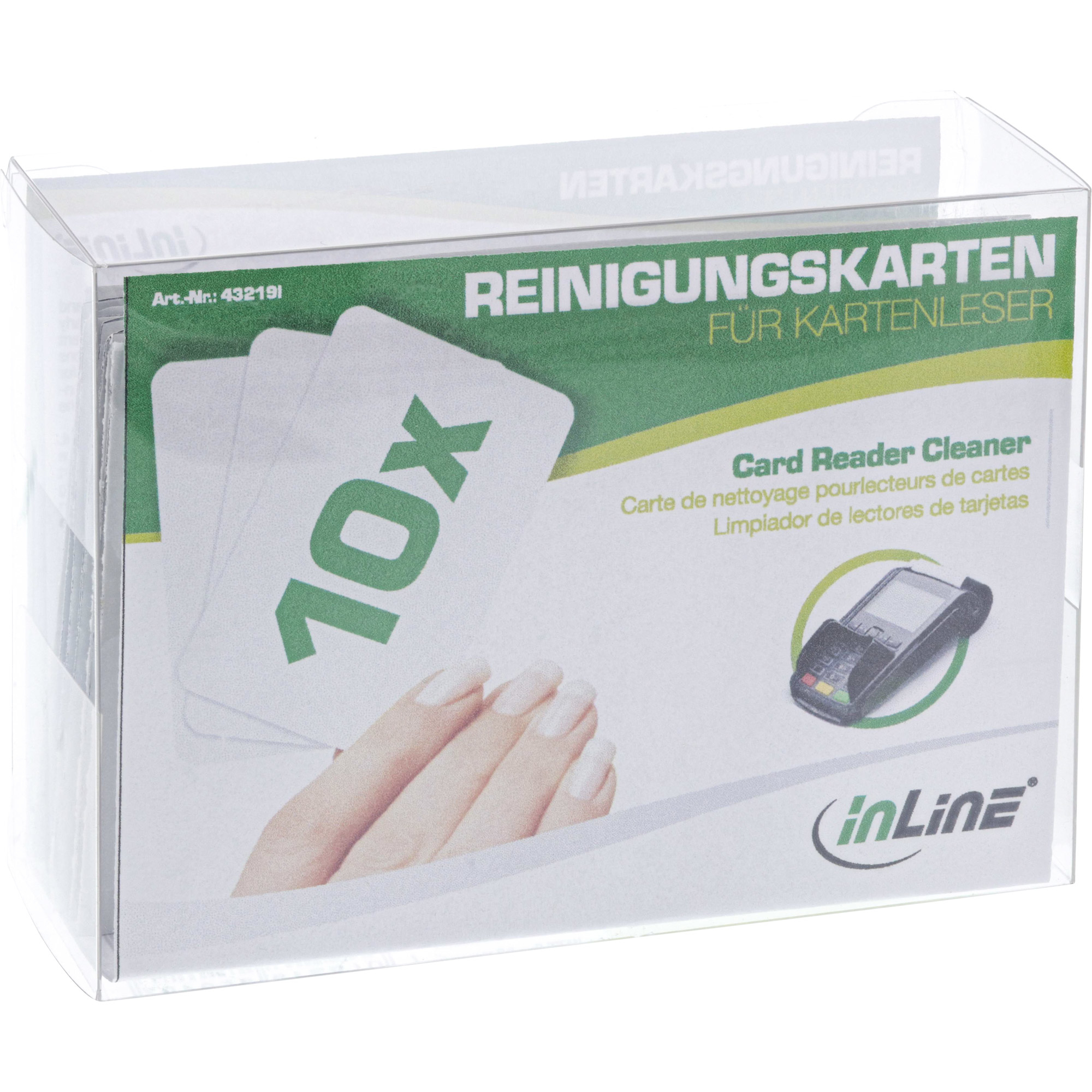 Eine Schachtel mit Kartenleser-Reinigungskarten, mit Karten und einer Kartenleser-Grafik.